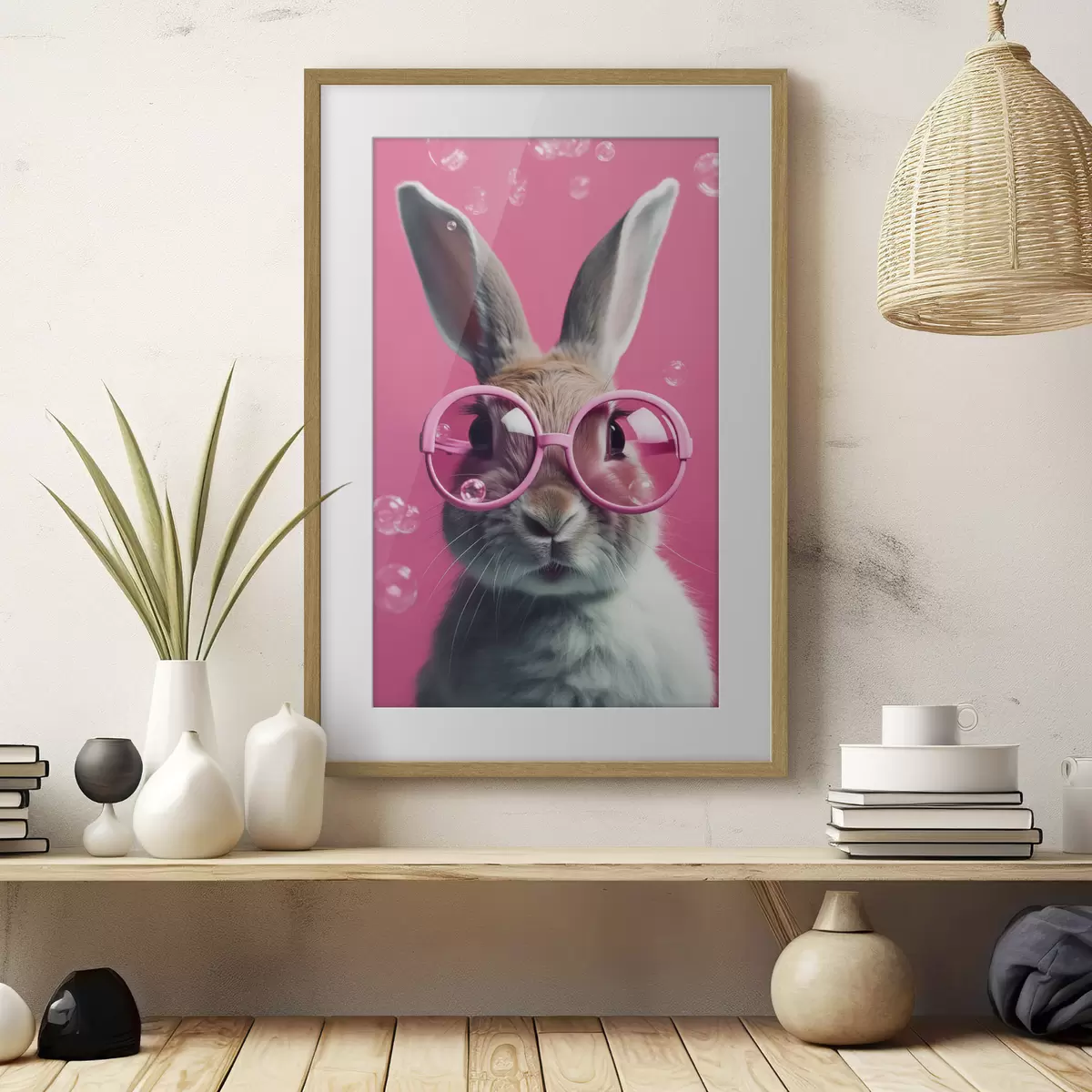 Poster Lapin avec des lunettes roses sur fond rose f41280