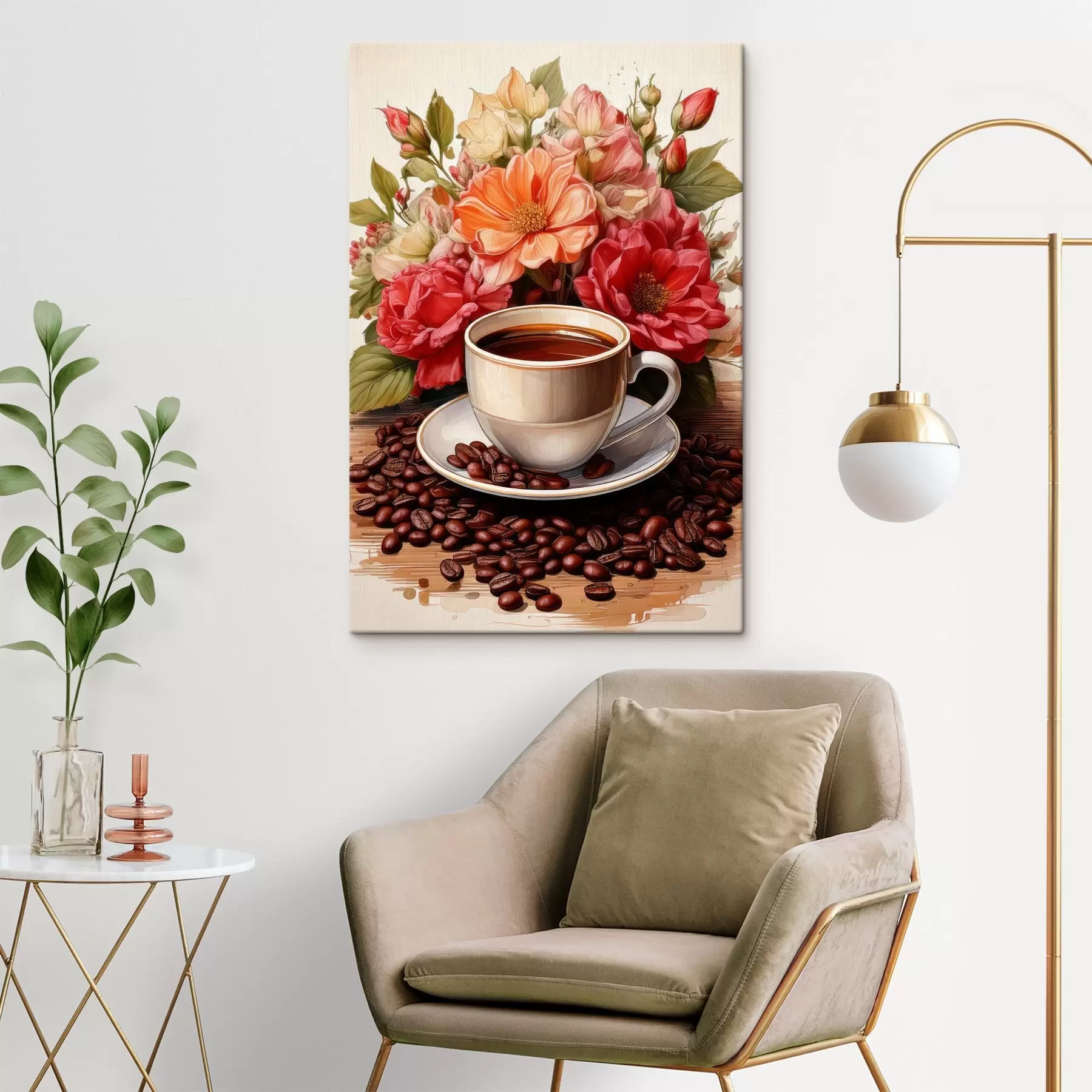 Papier peint une tasse de café et un bouquet de fleurs s41411