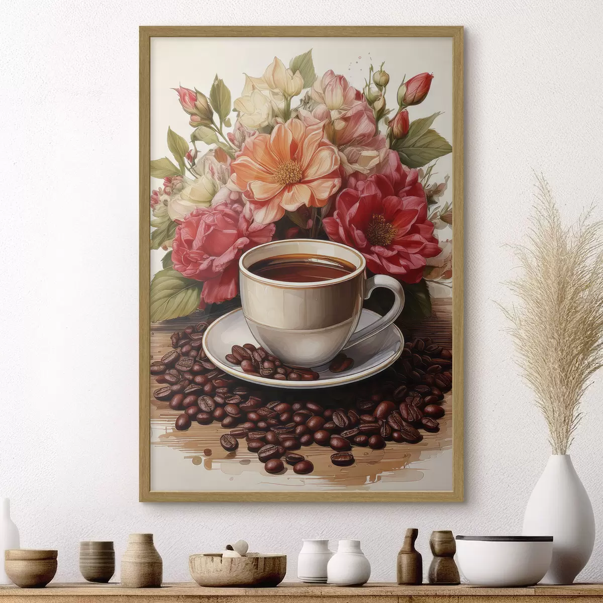 Poster une tasse de café et un bouquet de fleurs f41411