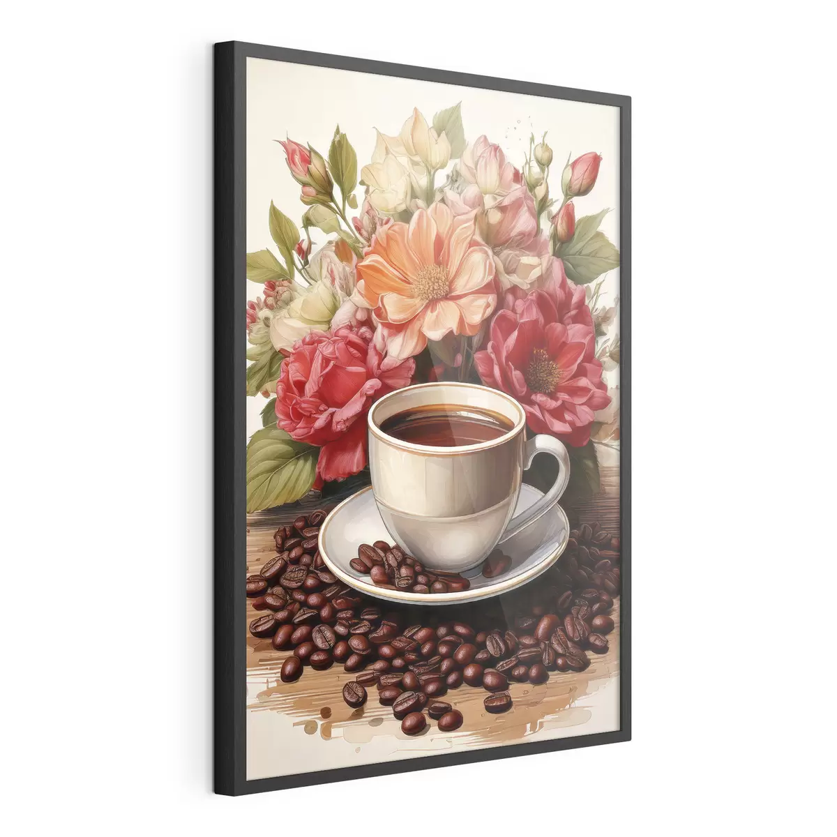 Poster une tasse de café et un bouquet de fleurs f41411