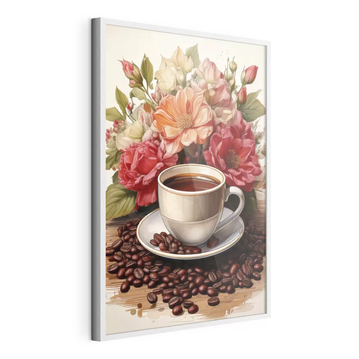 Poster une tasse de café et un bouquet de fleurs f41411