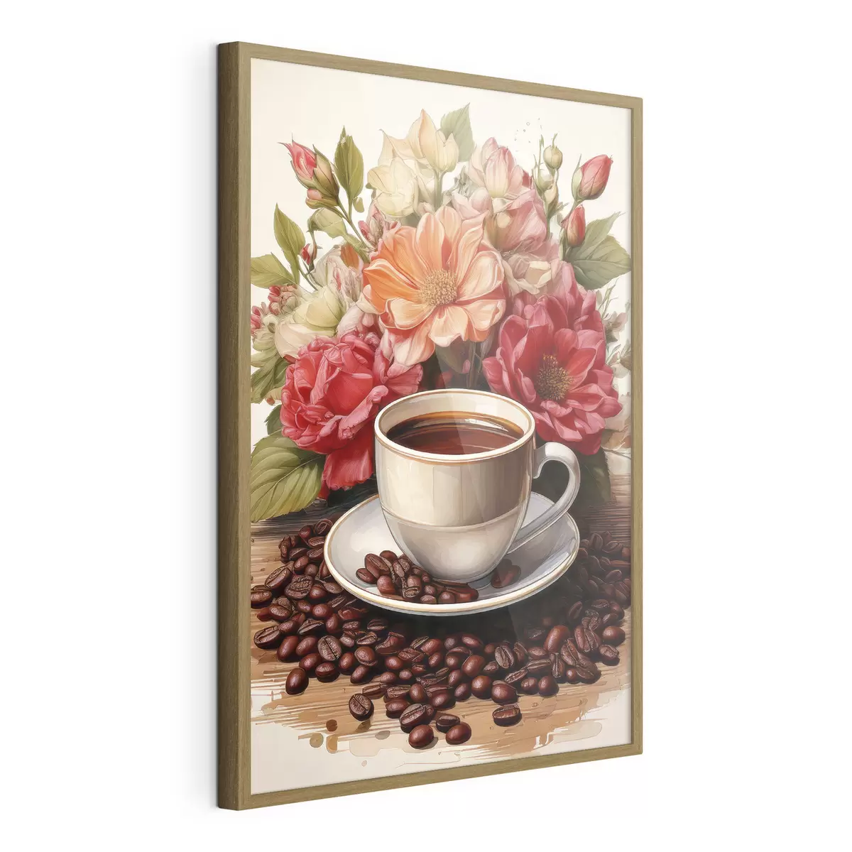 Poster une tasse de café et un bouquet de fleurs f41411