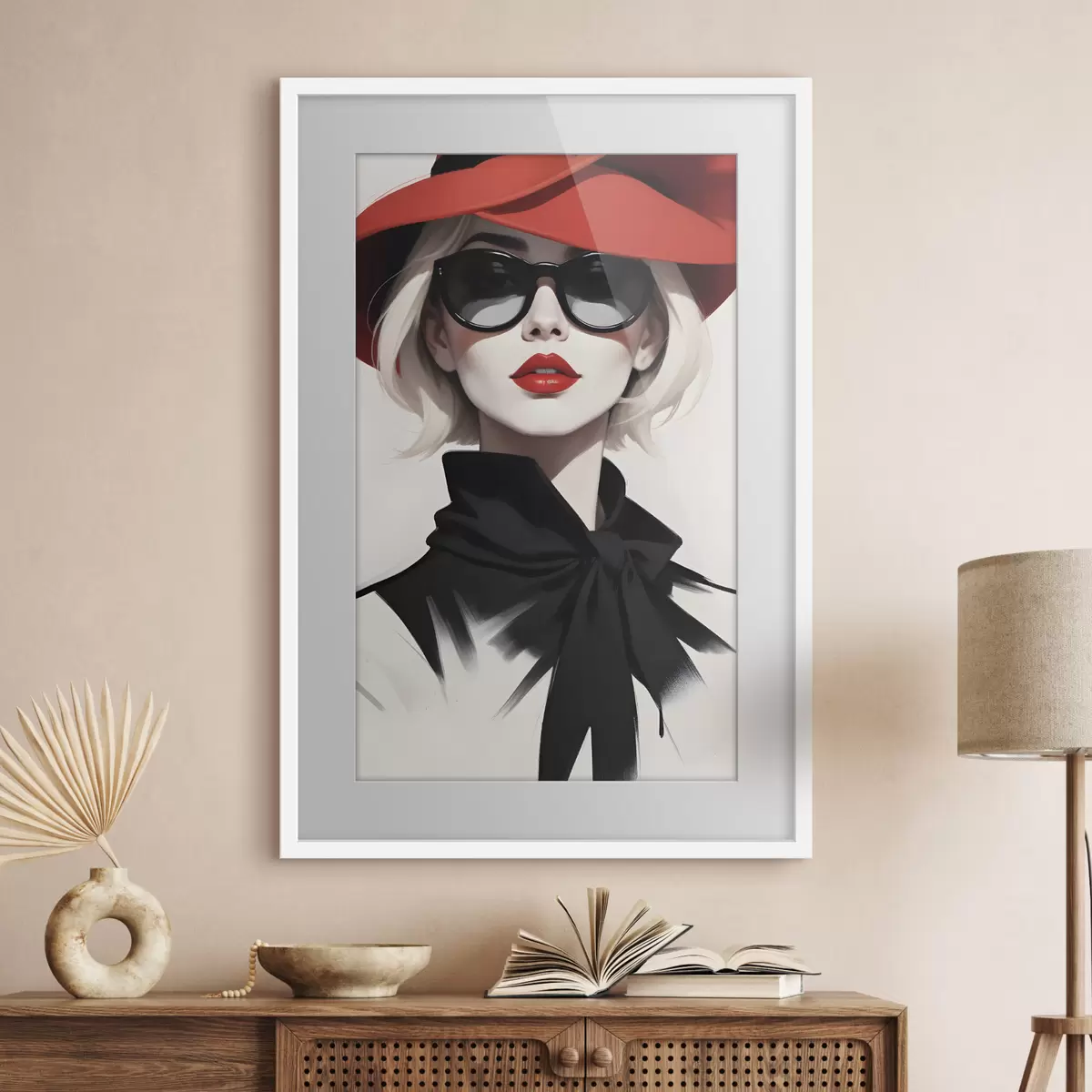 Poster Une femme portant un chapeau rouge et des lunettes de soleil f38365