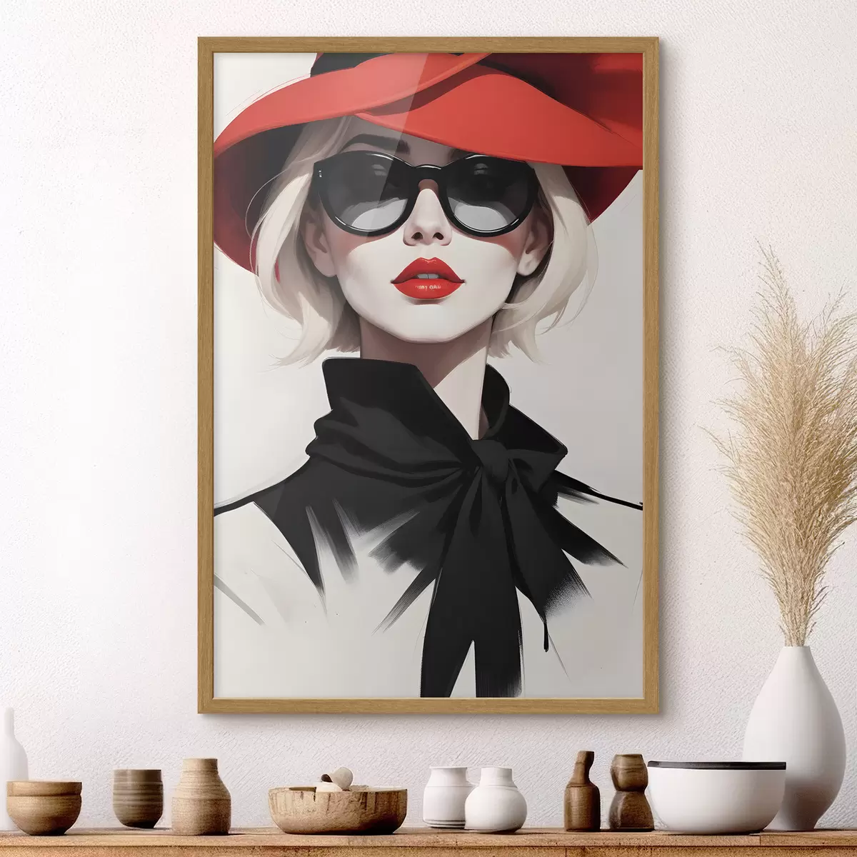 Poster Une femme portant un chapeau rouge et des lunettes de soleil f38365