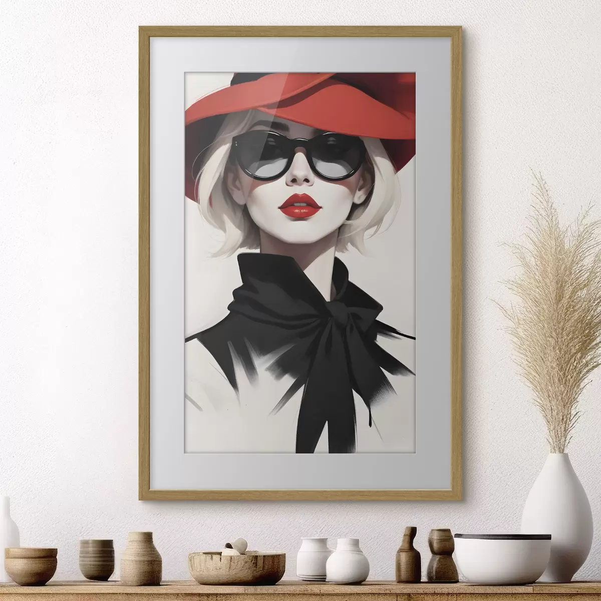Poster Une femme portant un chapeau rouge et des lunettes de soleil f38365