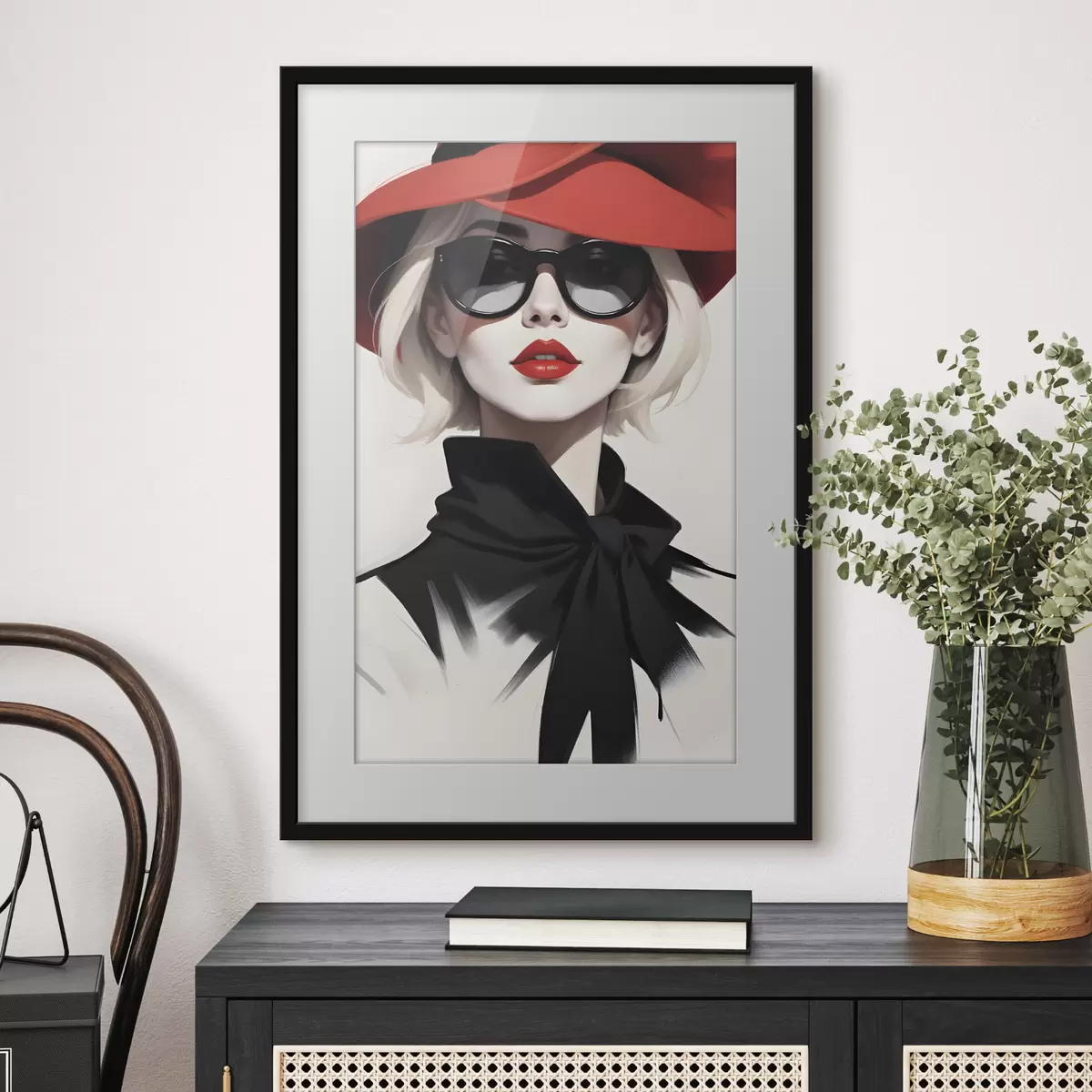 Poster Une femme portant un chapeau rouge et des lunettes de soleil f38365