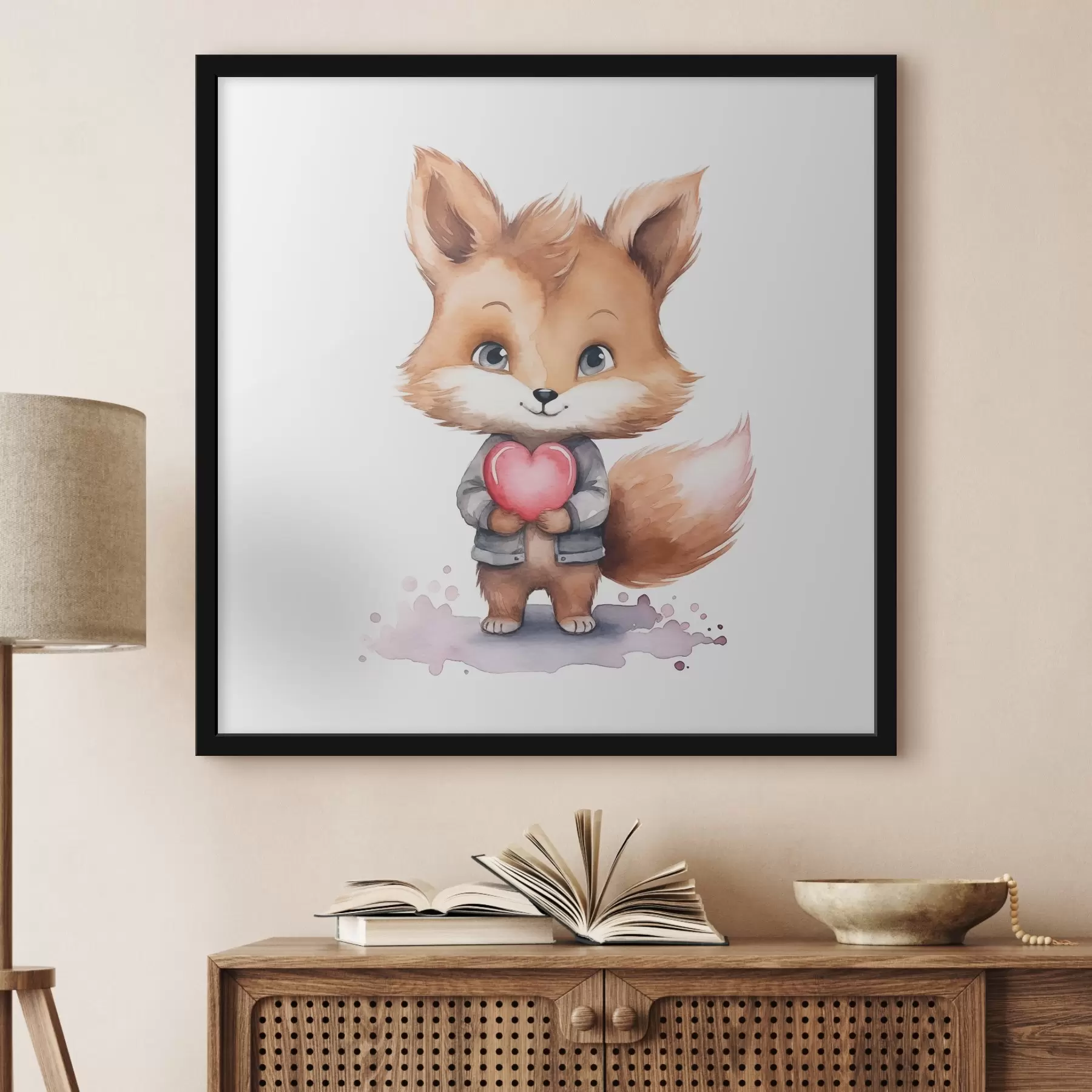 Papier peint Mignon renard avec un personnage en forme de coeur f38921