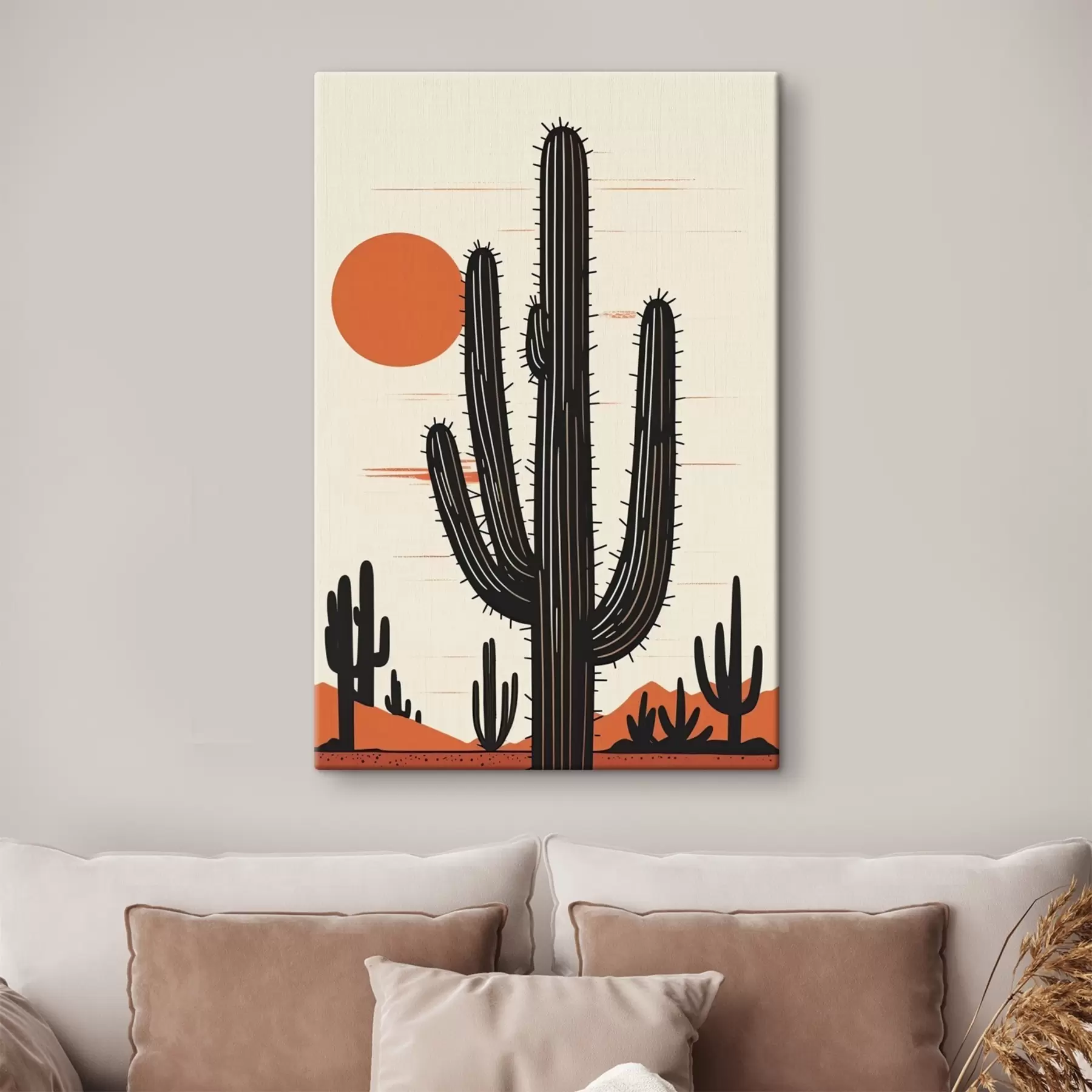 Tableau Coucher de soleil dans le désert et cactus imposants s36262