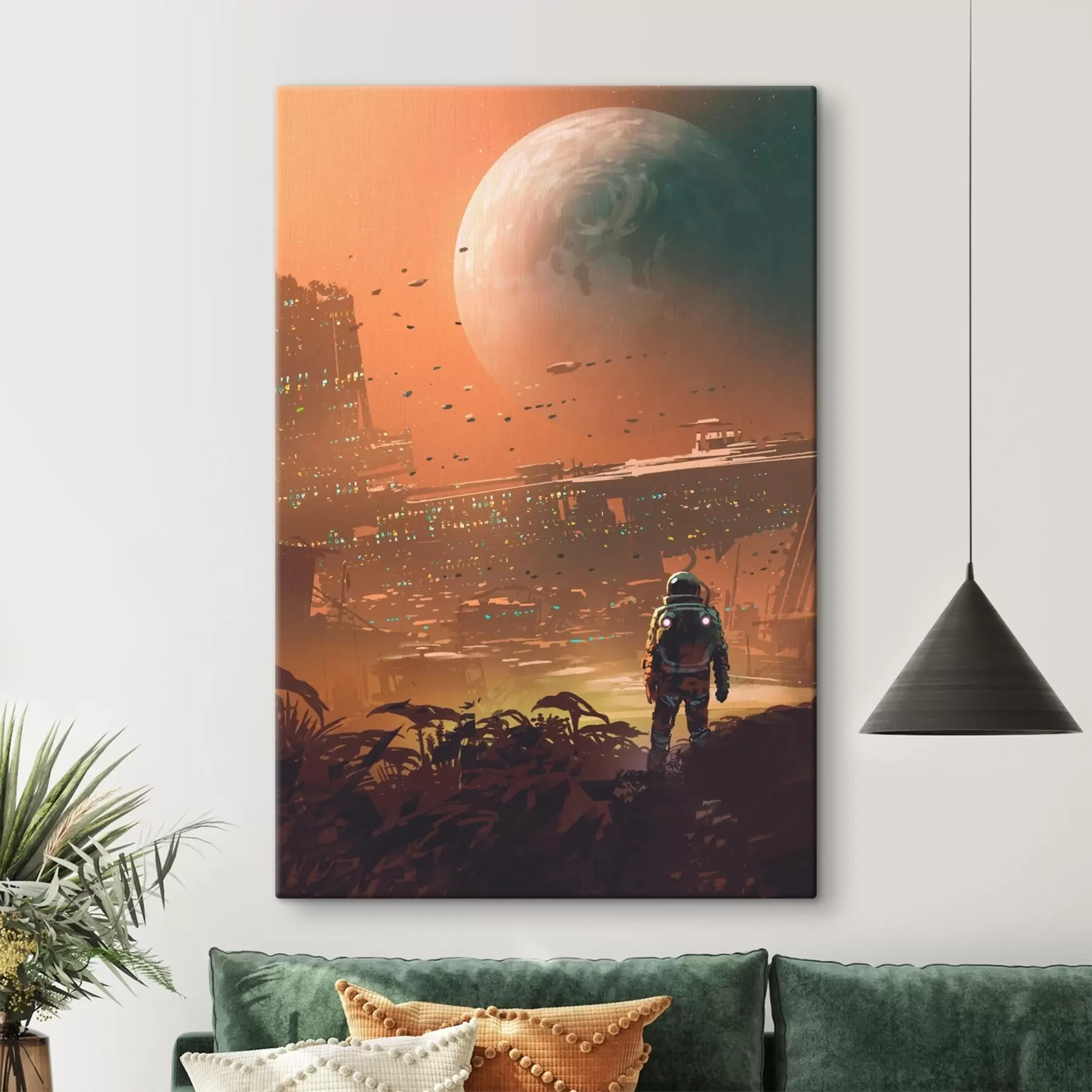 Tableau Un astronaute marchant dans une ville s37083