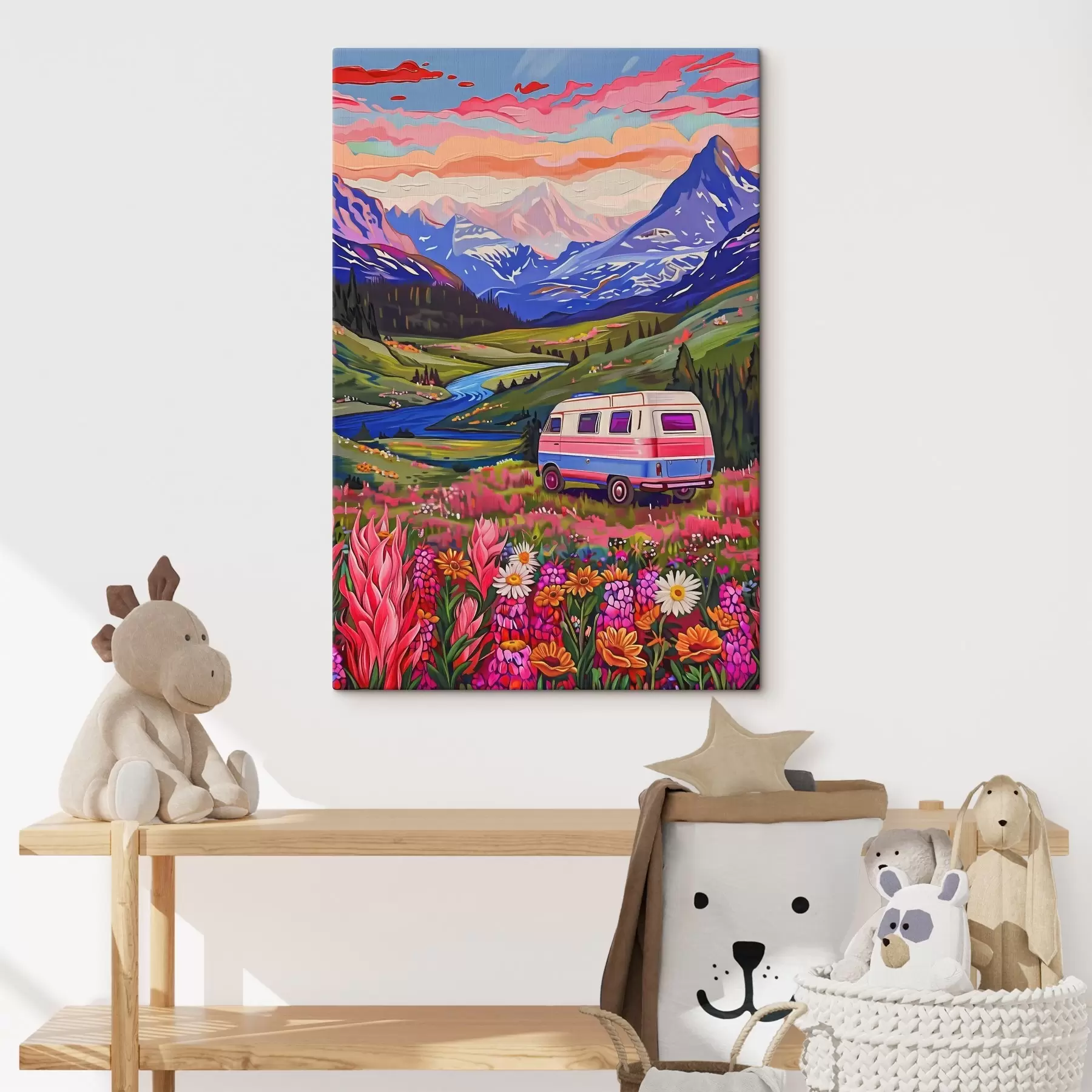 Tableau Une camionnette traversant une vallée avec des fleurs et des montagnes s38259