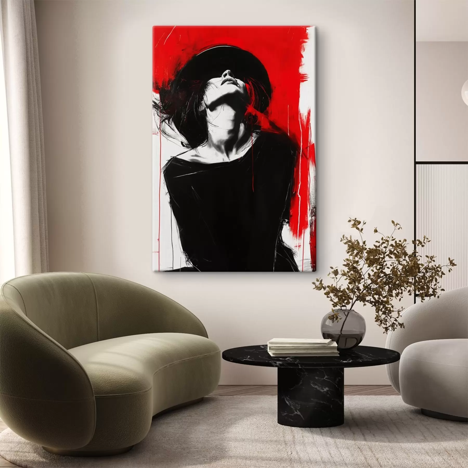 Papier peint Une femme avec un chapeau noir sur fond rouge s38561