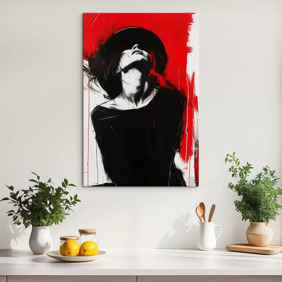 Tableau Une femme avec un chapeau noir sur fond rouge s38561