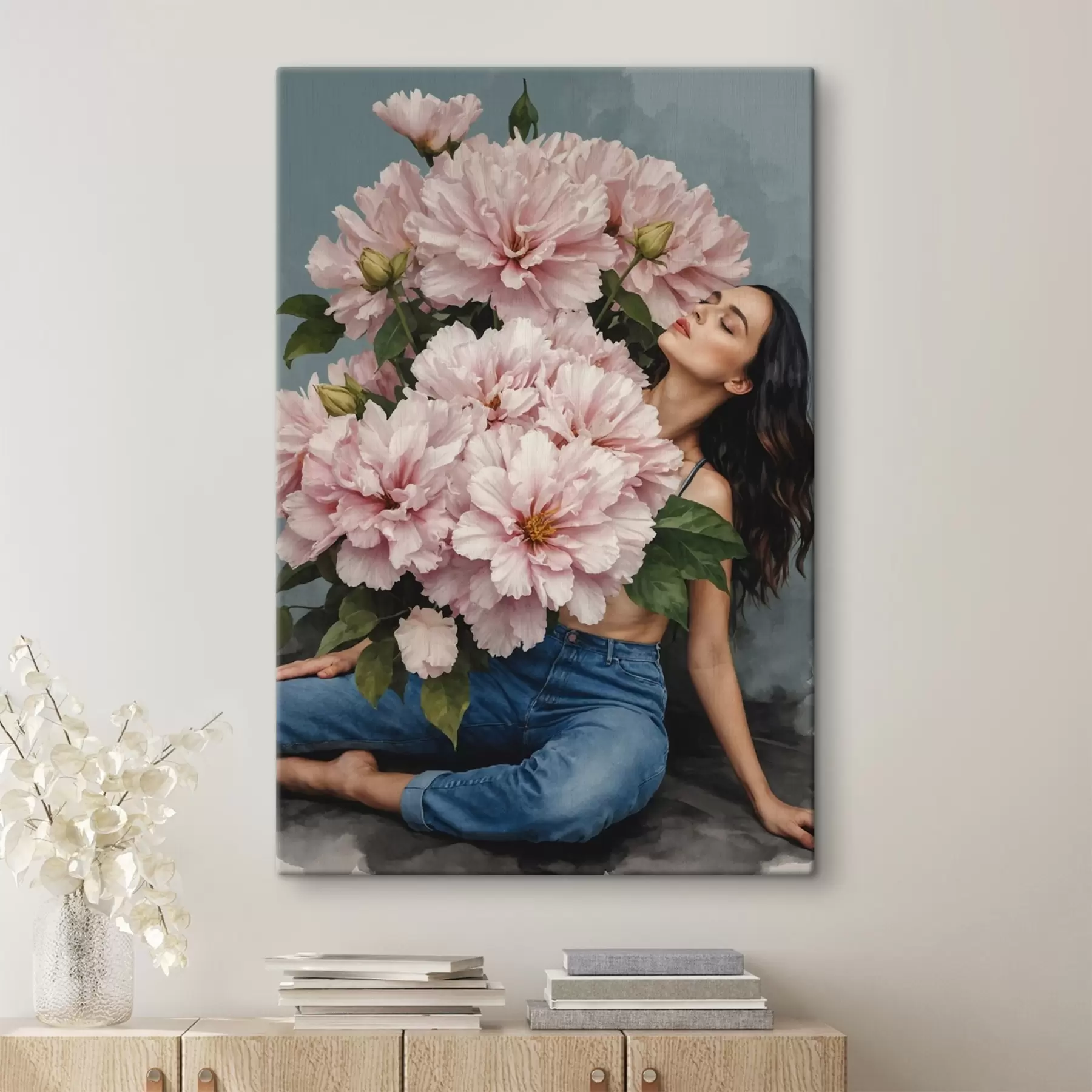 Tableau Une femme assise sur le sol avec un grand bouquet de fleurs s38595