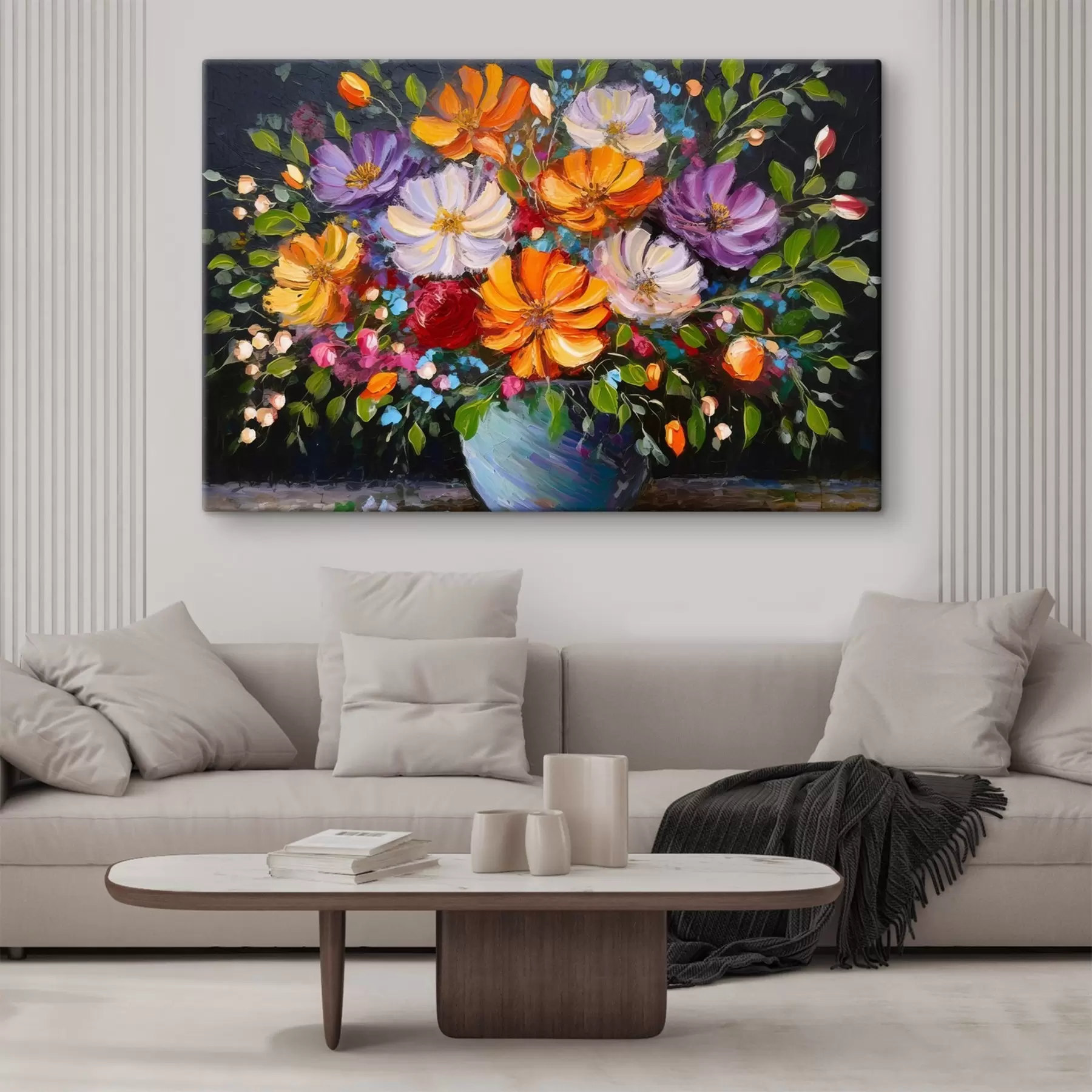 Tableau Peinture de fleurs dans un vase bleu s38658