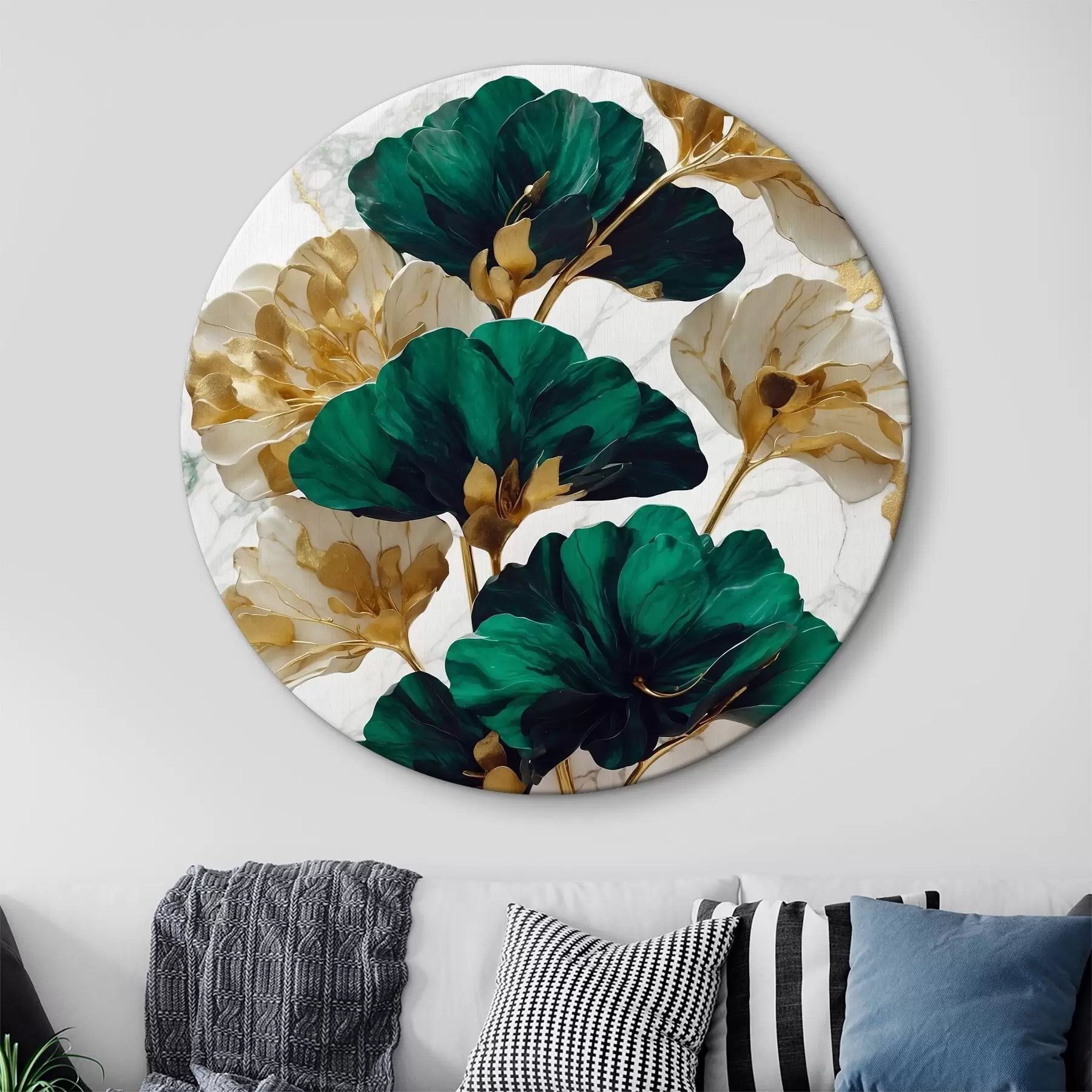 Tableau Fleurs vertes et blanches sur fond de marbre blanc r36646