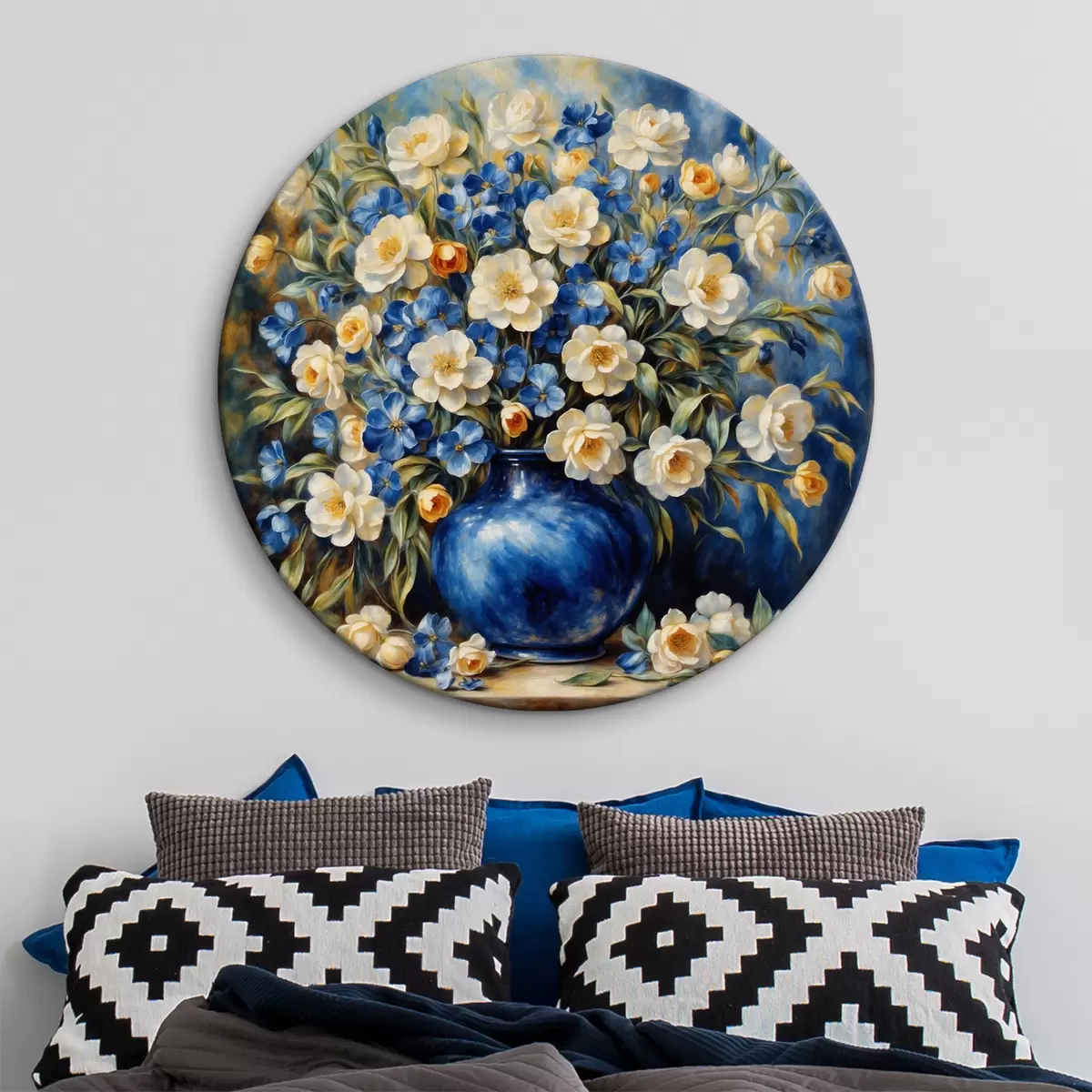 Tableaux rondes Vase bleu avec un grand bouquet de fleurs blanches et bleues r37435