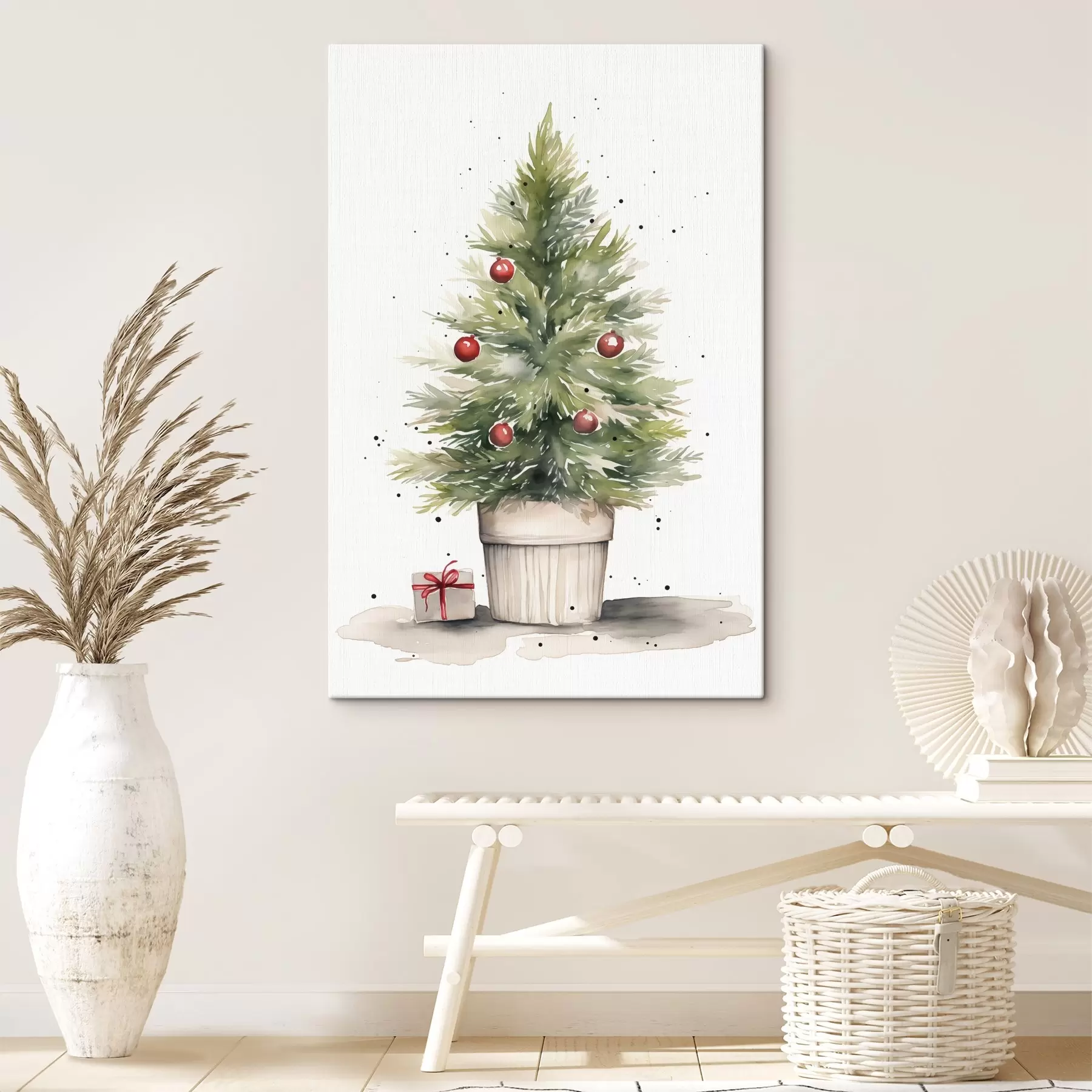 Papier peint Arbre de Noël aquarelle dans le pot, sapin, cadeau s41361
