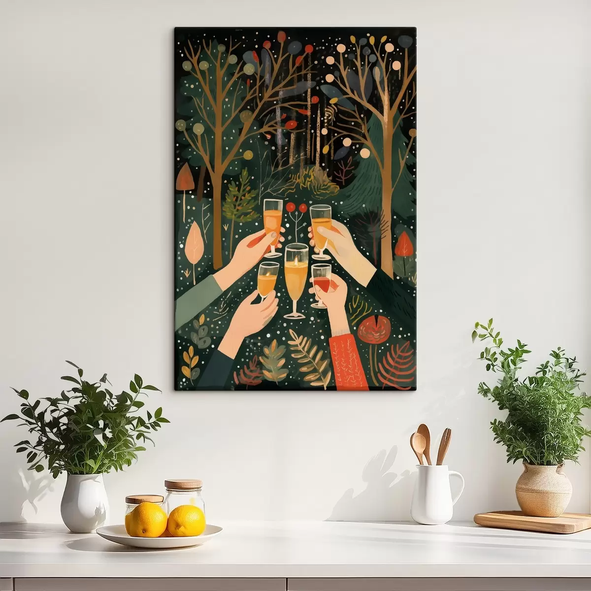 Tableau Célébration, coupes de champagne, Noël, forêt, art abstrait s41368
