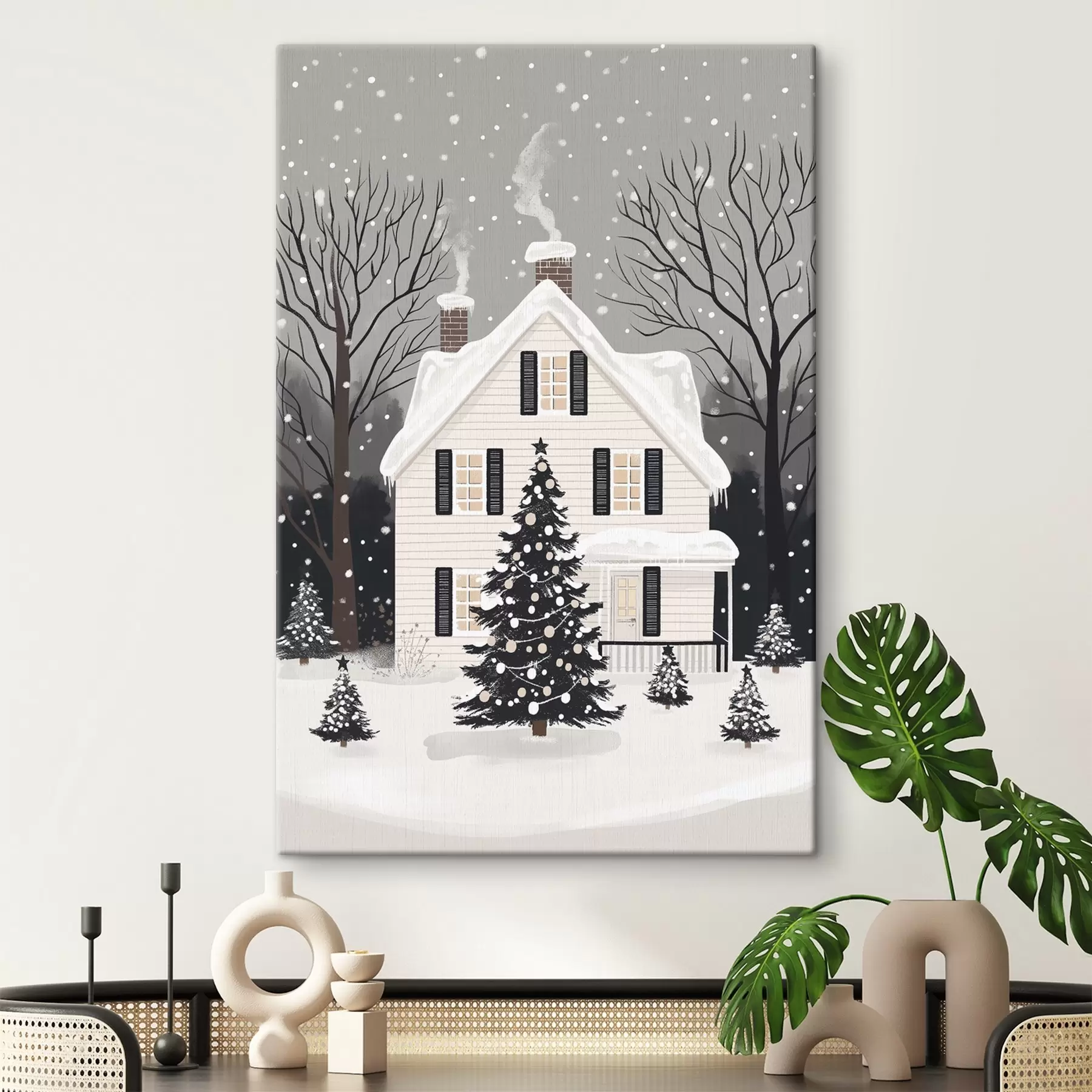 Tableau Ville d'hiver, sapin décoré, Noël, forêt, belle maison s41371