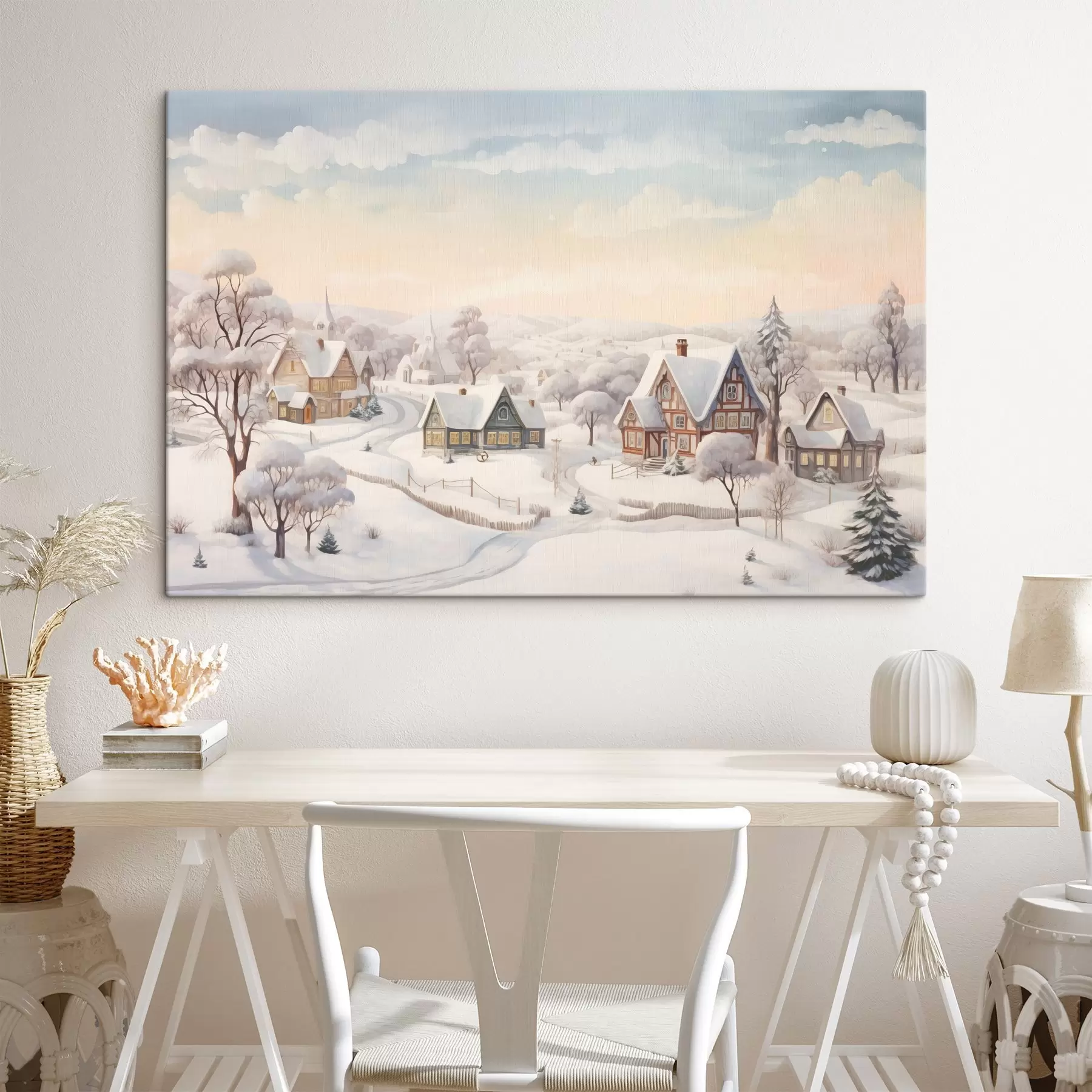 Tableau Beau paysage d'hiver avec village, arbres, maisons, aquarelle s41379