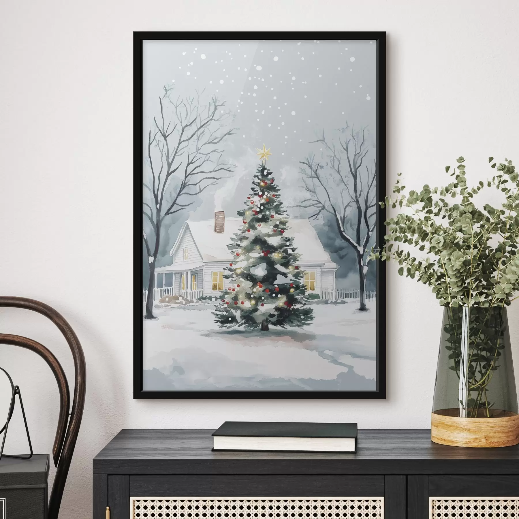 Papier peint Ville d'hiver, sapin décoré, Noël, aquarelle f41364