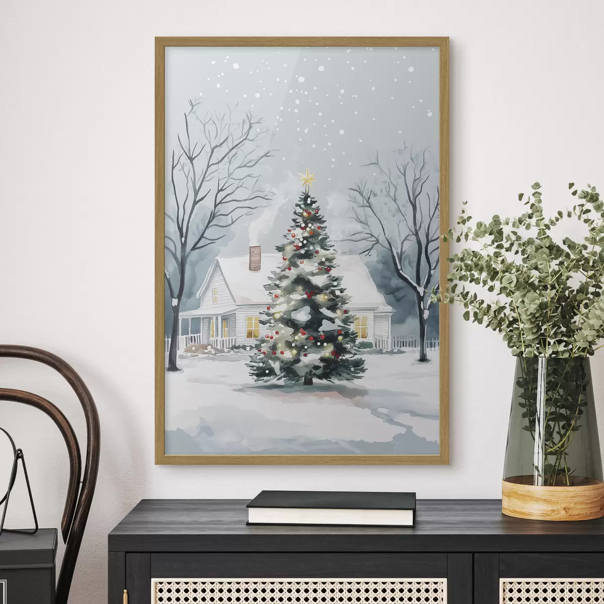 Poster Ville d'hiver, sapin décoré, Noël, aquarelle f41364