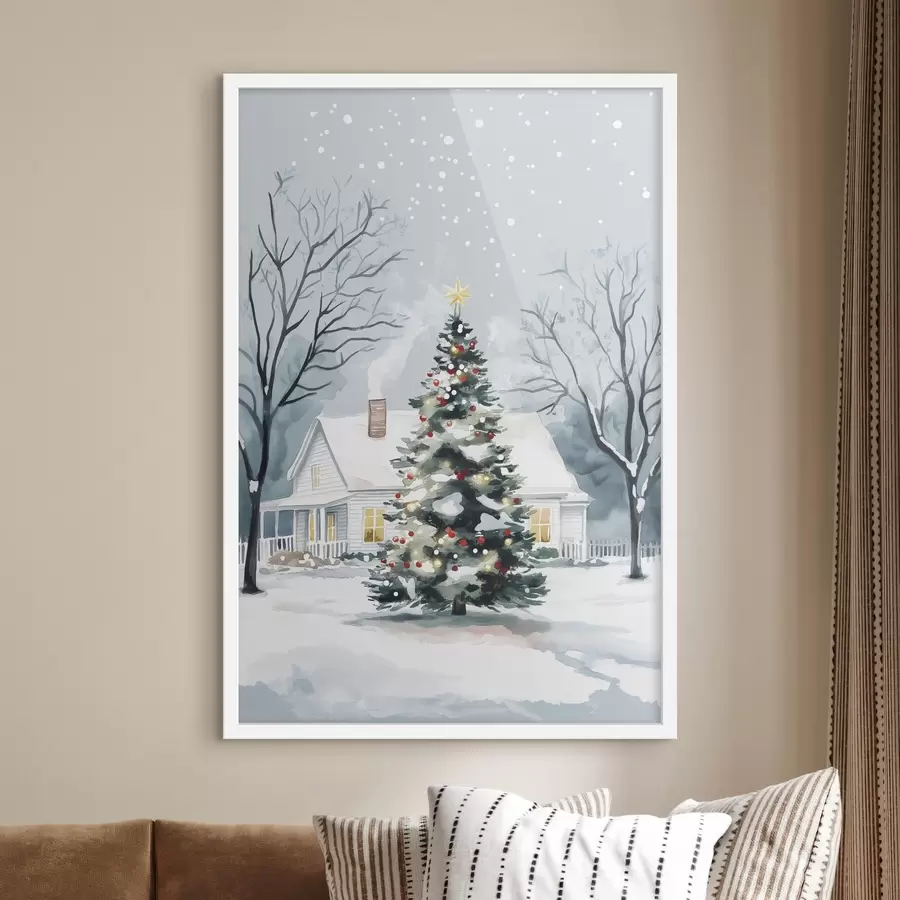 Papier peint Ville d'hiver, sapin décoré, Noël, aquarelle f41364