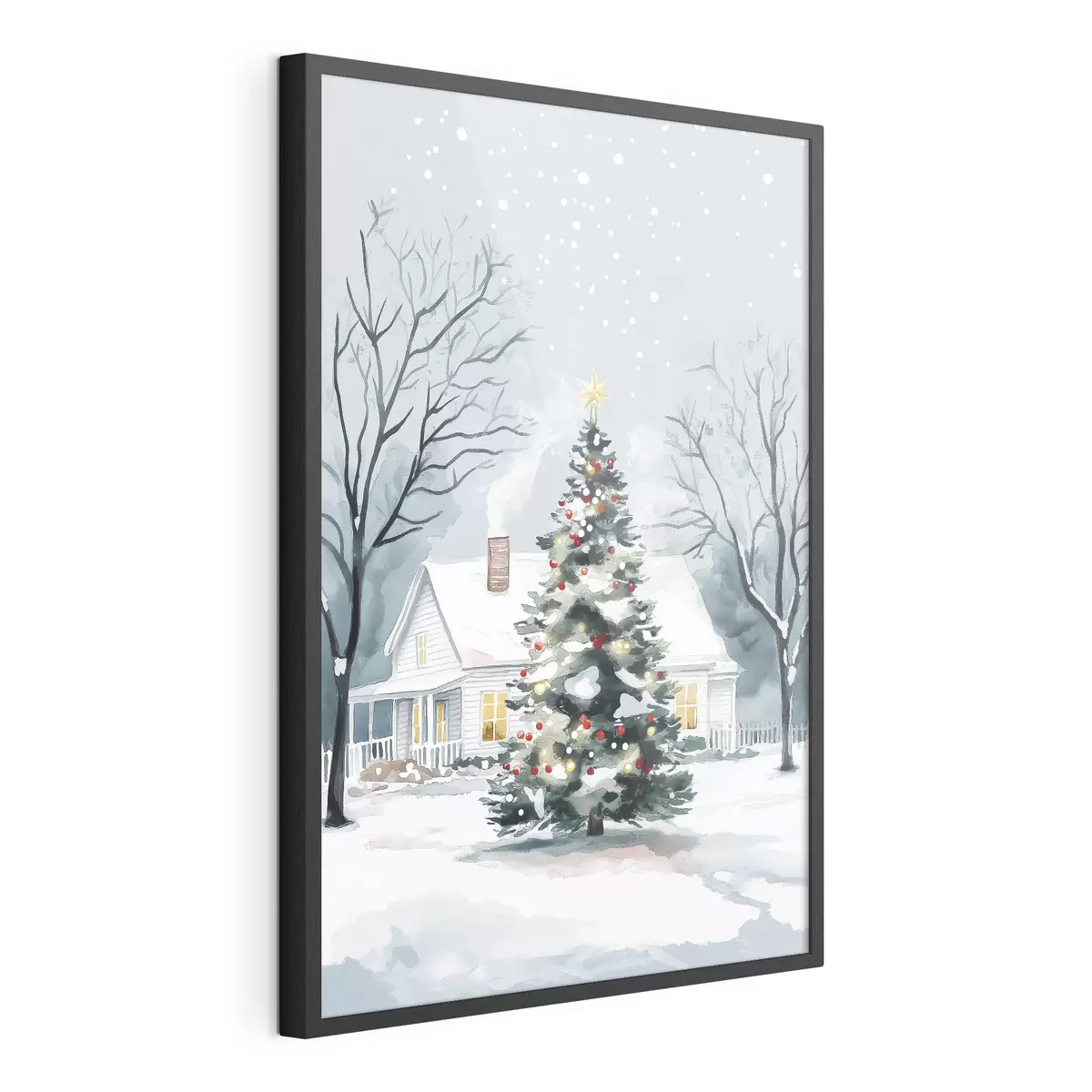 Poster Ville d'hiver, sapin décoré, Noël, aquarelle f41364