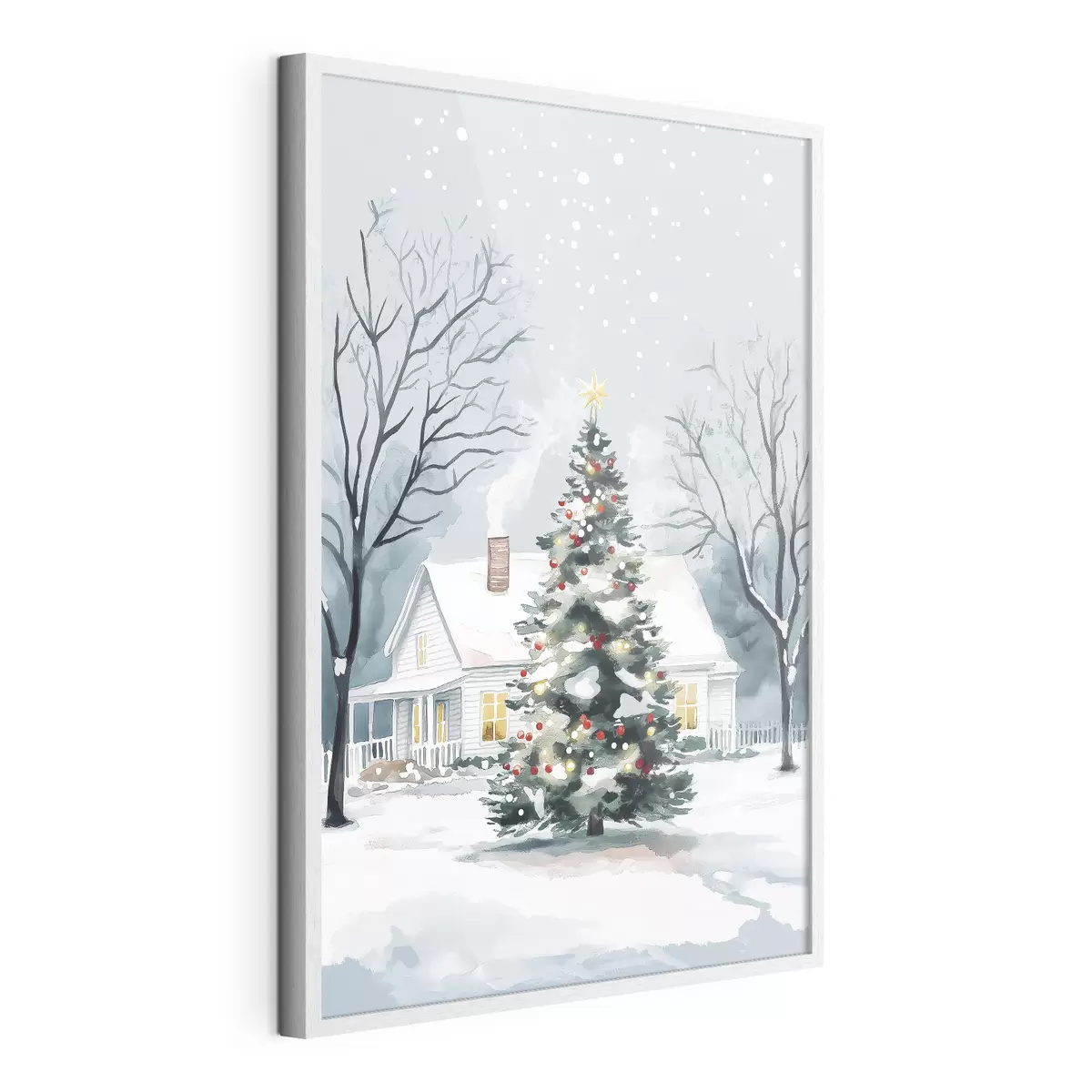 Poster Ville d'hiver, sapin décoré, Noël, aquarelle f41364