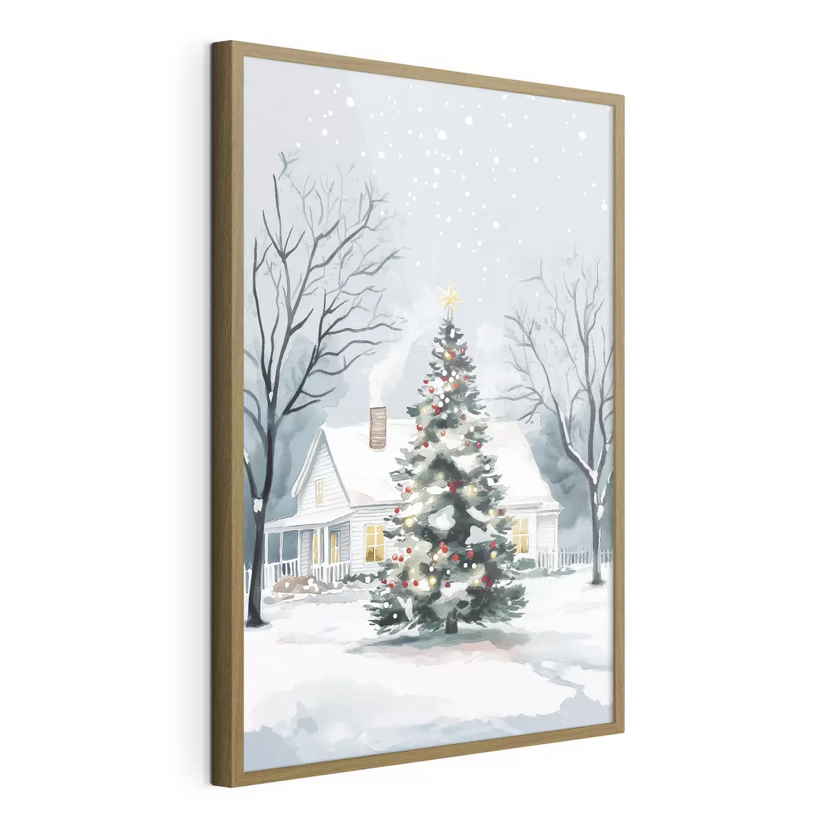Poster Ville d'hiver, sapin décoré, Noël, aquarelle f41364