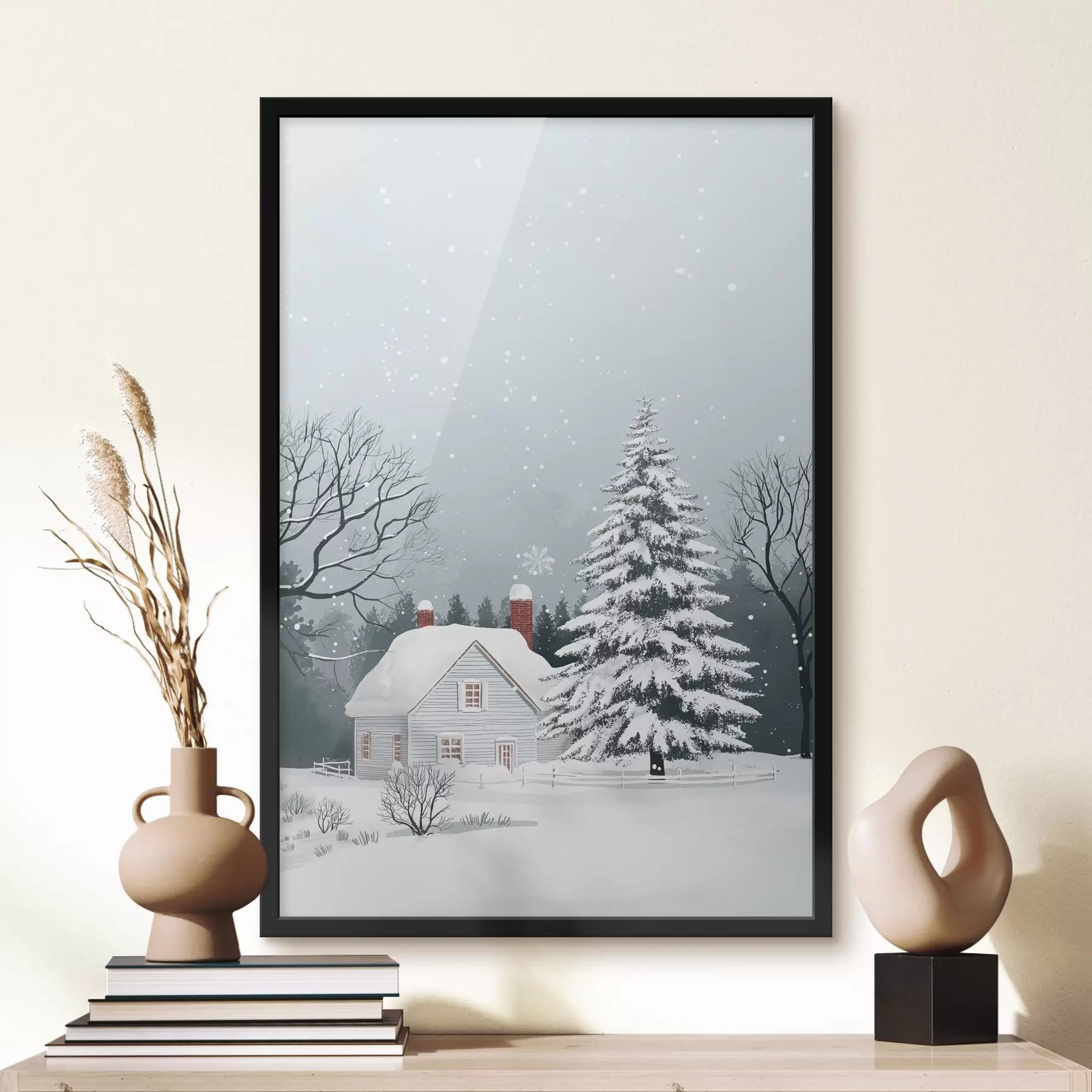 Papier peint Scène d'hiver avec maison enneigée, forêt, pins f41369