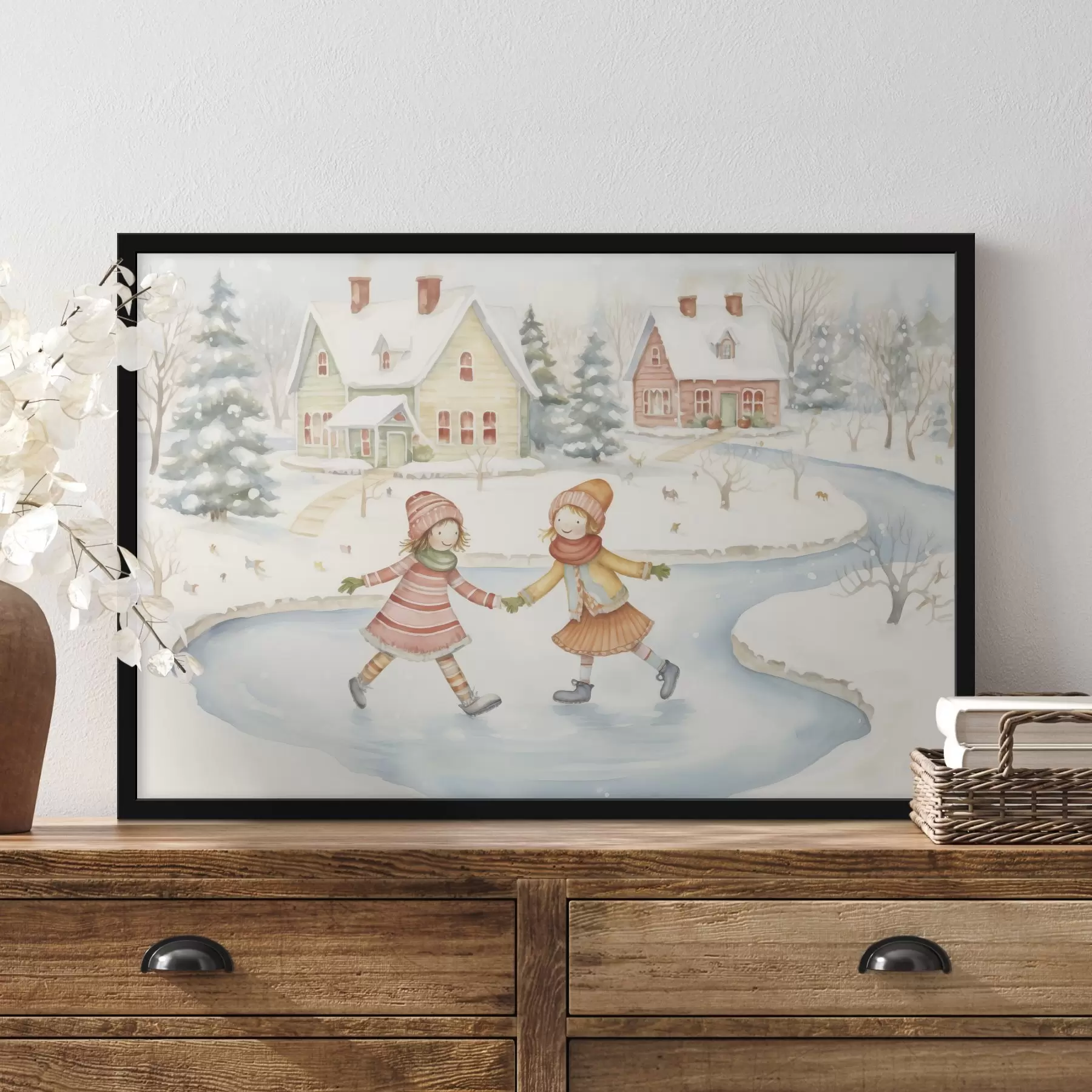 Tableau Scène d'hiver avec deux filles faisant du patin à glace, ville d'hiver, maisons, forêt f41377