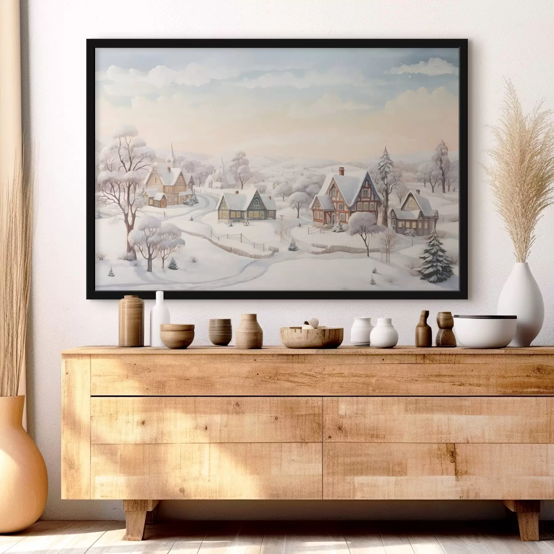 Papier peint Beau paysage d'hiver avec village, arbres, maisons, aquarelle f41379