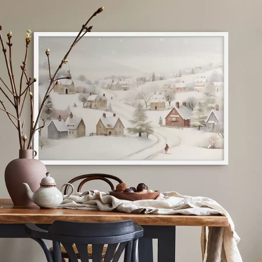 Papier peint Village d'hiver, aquarelle, flocons de neige, couleurs douces, arbres, paysage f41381