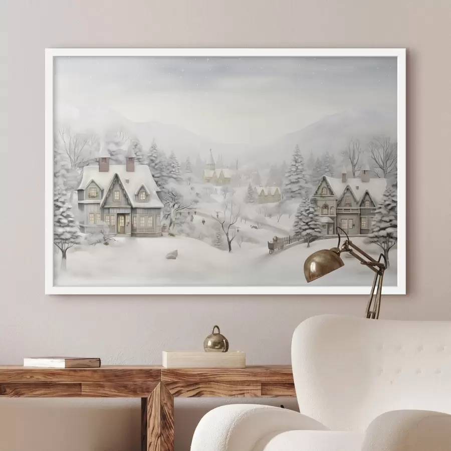 Papier peint Magnifique paysage hivernal avec village, pins, maisons, montagnes f41384