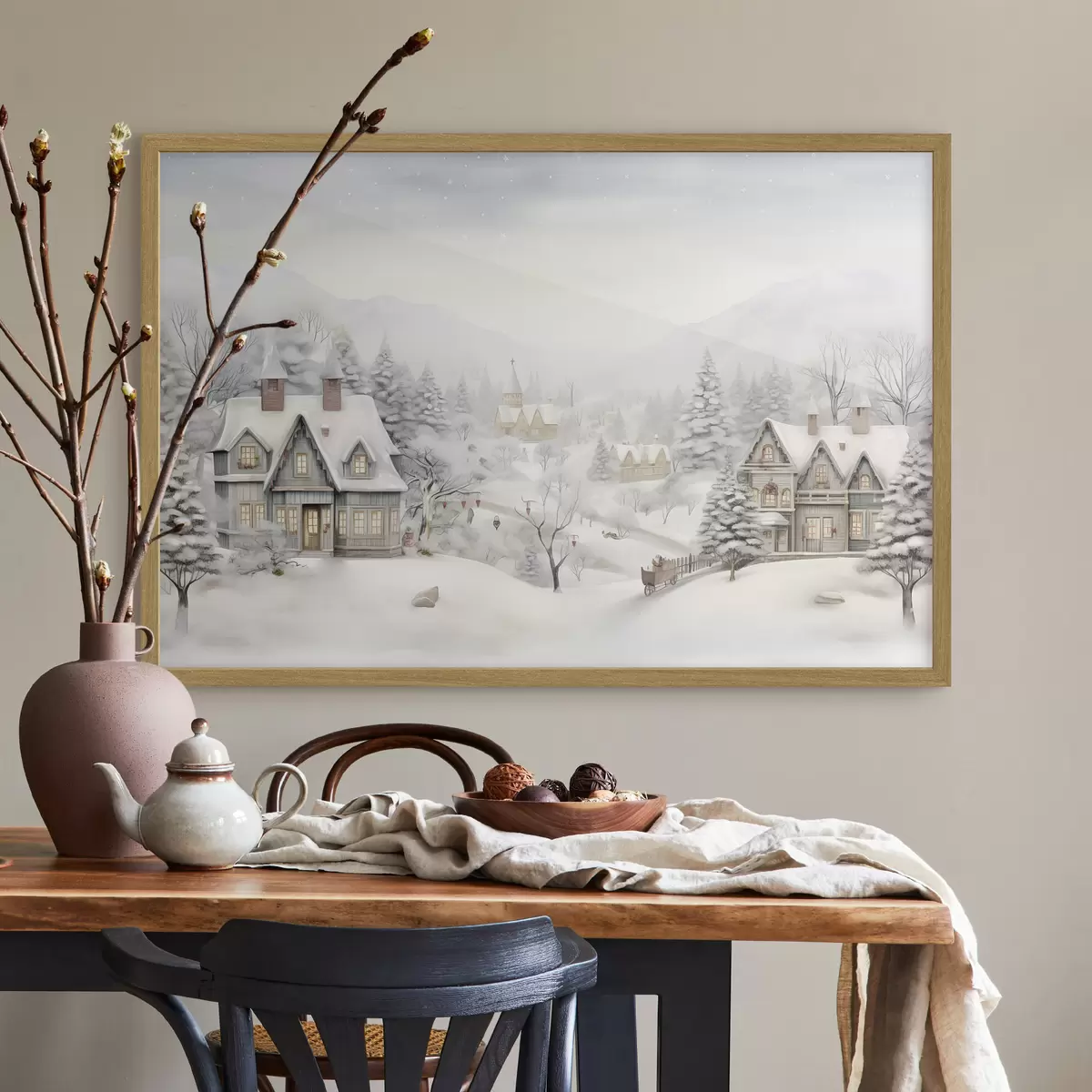 Poster Magnifique paysage hivernal avec village, pins, maisons, montagnes f41384