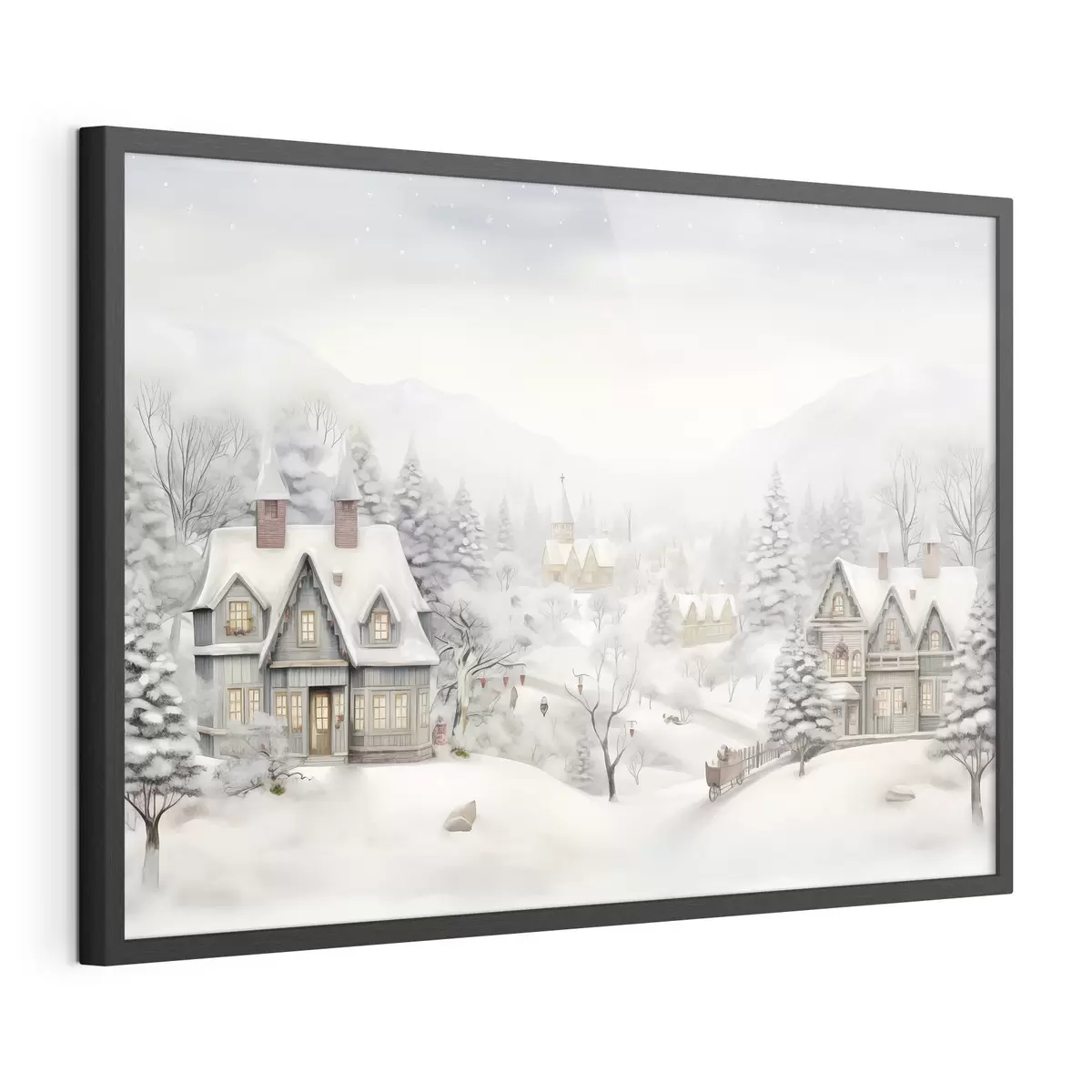 Poster Magnifique paysage hivernal avec village, pins, maisons, montagnes f41384