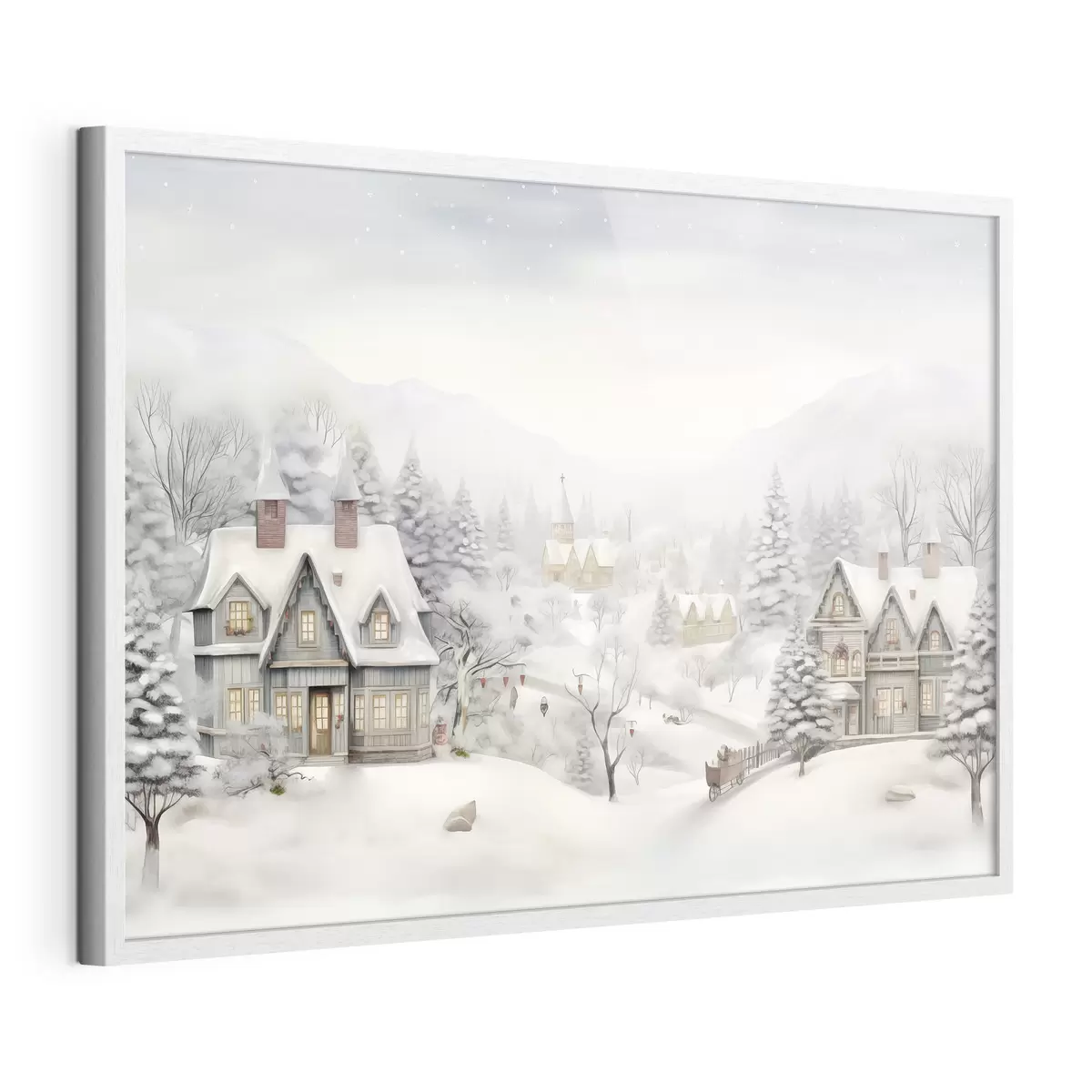 Poster Magnifique paysage hivernal avec village, pins, maisons, montagnes f41384