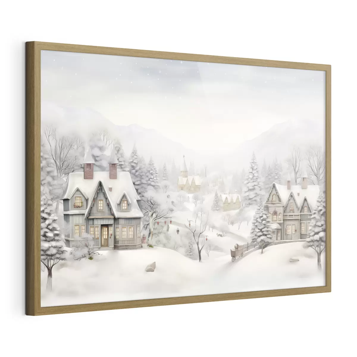 Poster Magnifique paysage hivernal avec village, pins, maisons, montagnes f41384