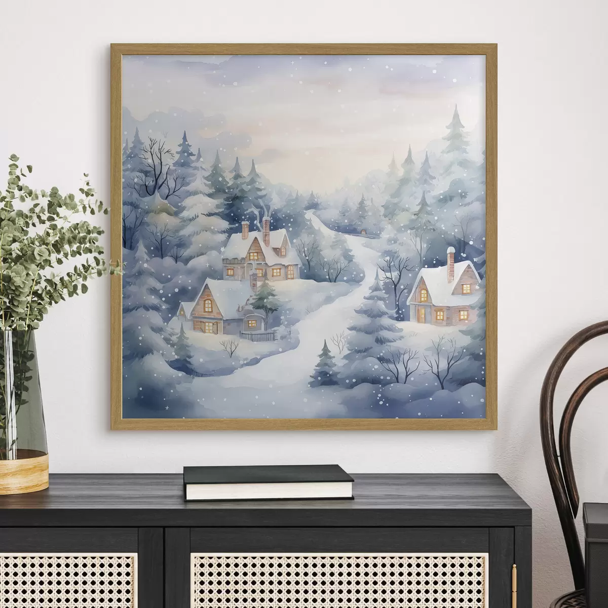 Poster Aquarelle paysage d'hiver, forêt de pins, maisons f41387