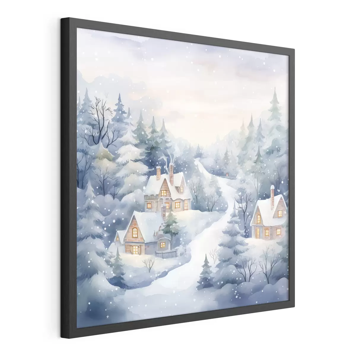 Poster Aquarelle paysage d'hiver, forêt de pins, maisons f41387