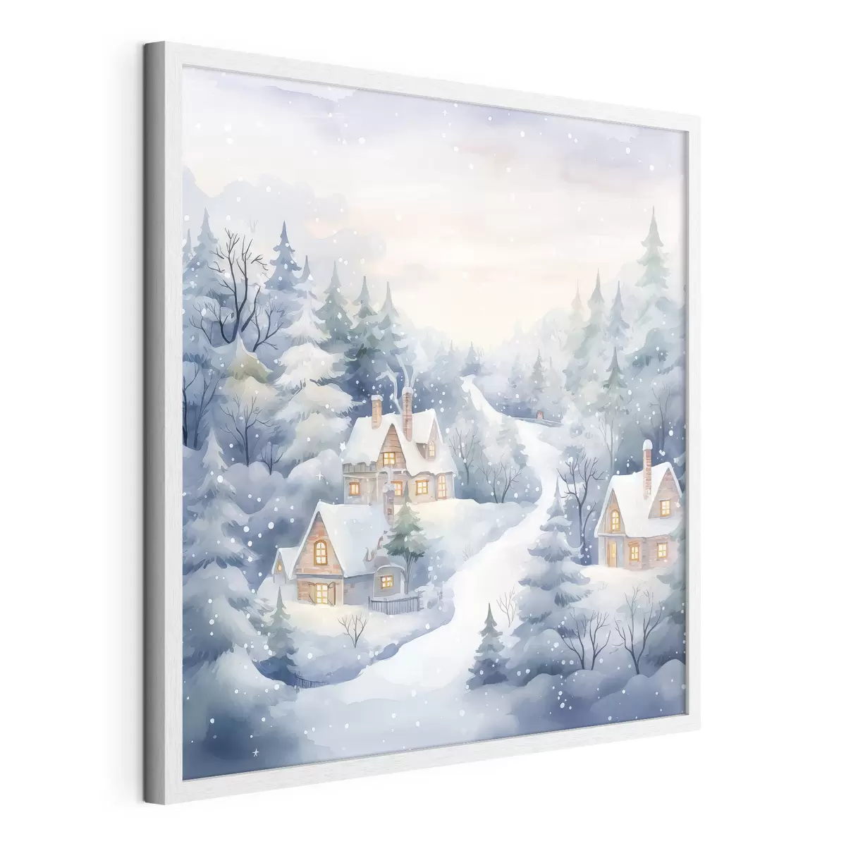 Poster Aquarelle paysage d'hiver, forêt de pins, maisons f41387
