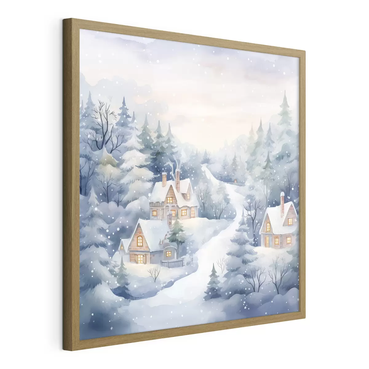 Poster Aquarelle paysage d'hiver, forêt de pins, maisons f41387