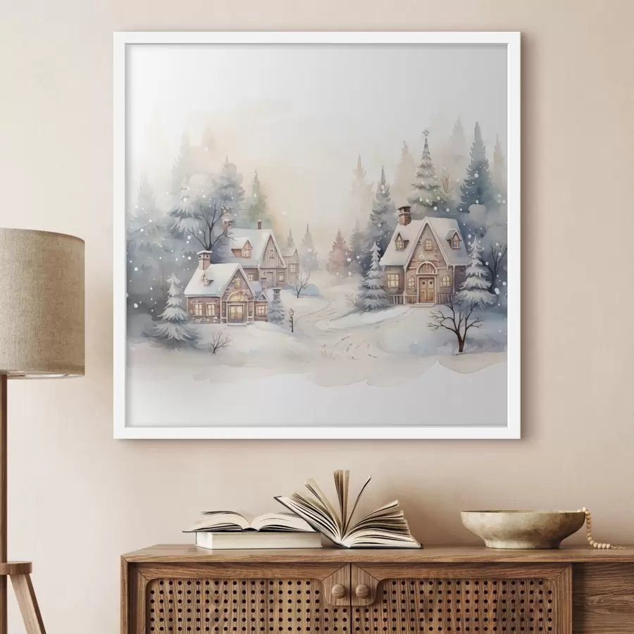 Papier peint Paysage d'hiver, forêt de pins, belles maisons, aquarelle, susnet f41390