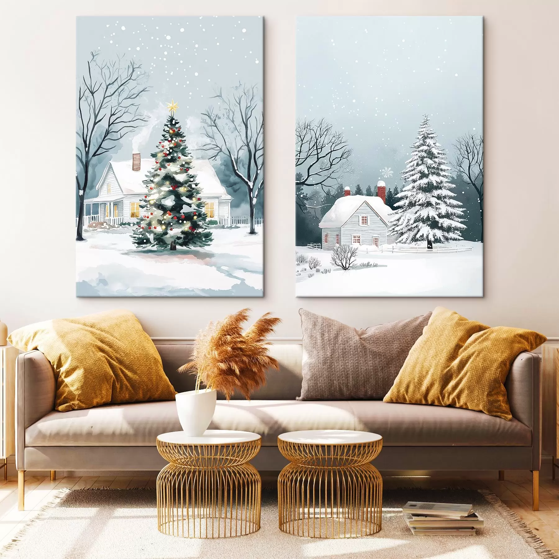 Tableau Ville d'hiver, pins, Noël, forêt, flocons de neige, belles maisons m00372