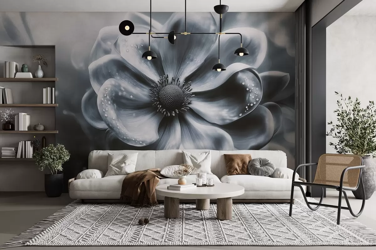 Papier peint Une grande fleur sombre dans des tons gris-bleu profonds w01934