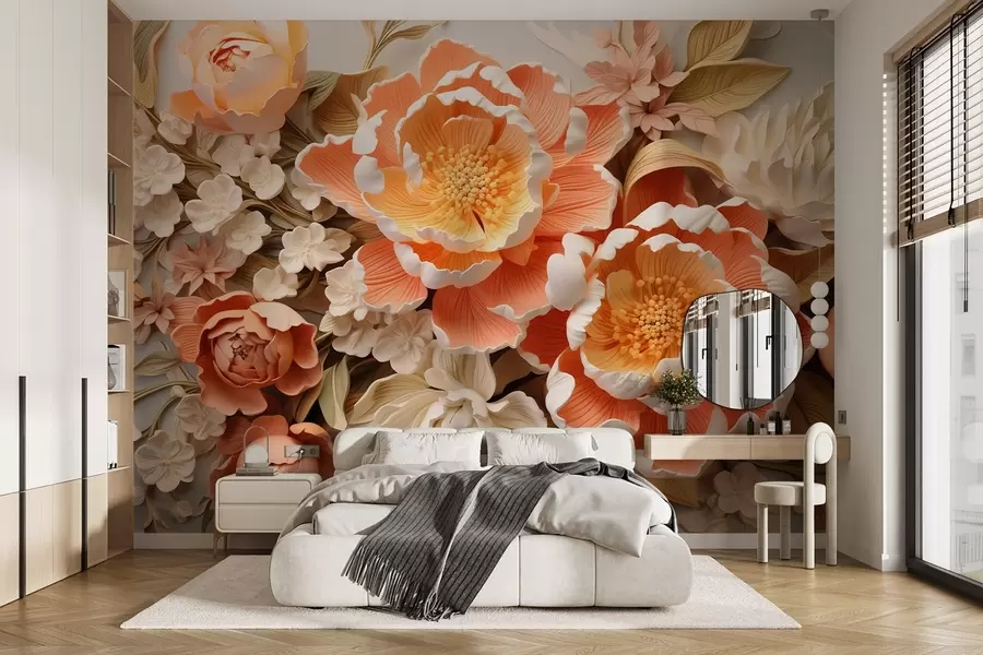 Papier peint Arrangement floral en 3D dans les tons de pêche, comprenant des pivoines et des roses de style rococo w01939