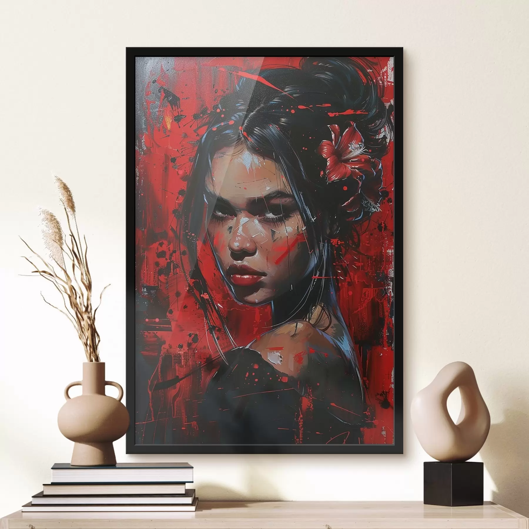 Papier peint Fille avec des peintures sur fond rouge f41413