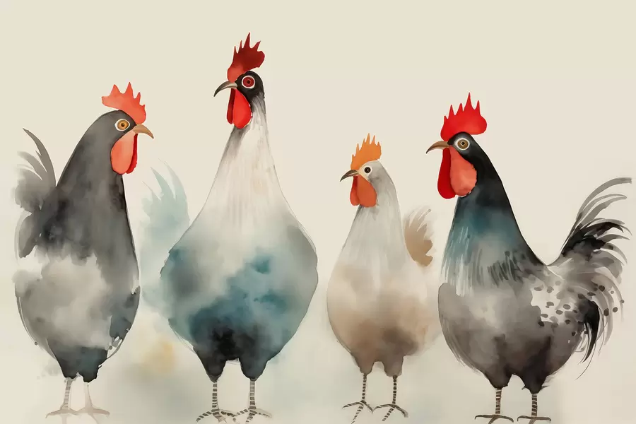 Papier peint Poulets et coqs dans un style aquarelle floue et humide w01946