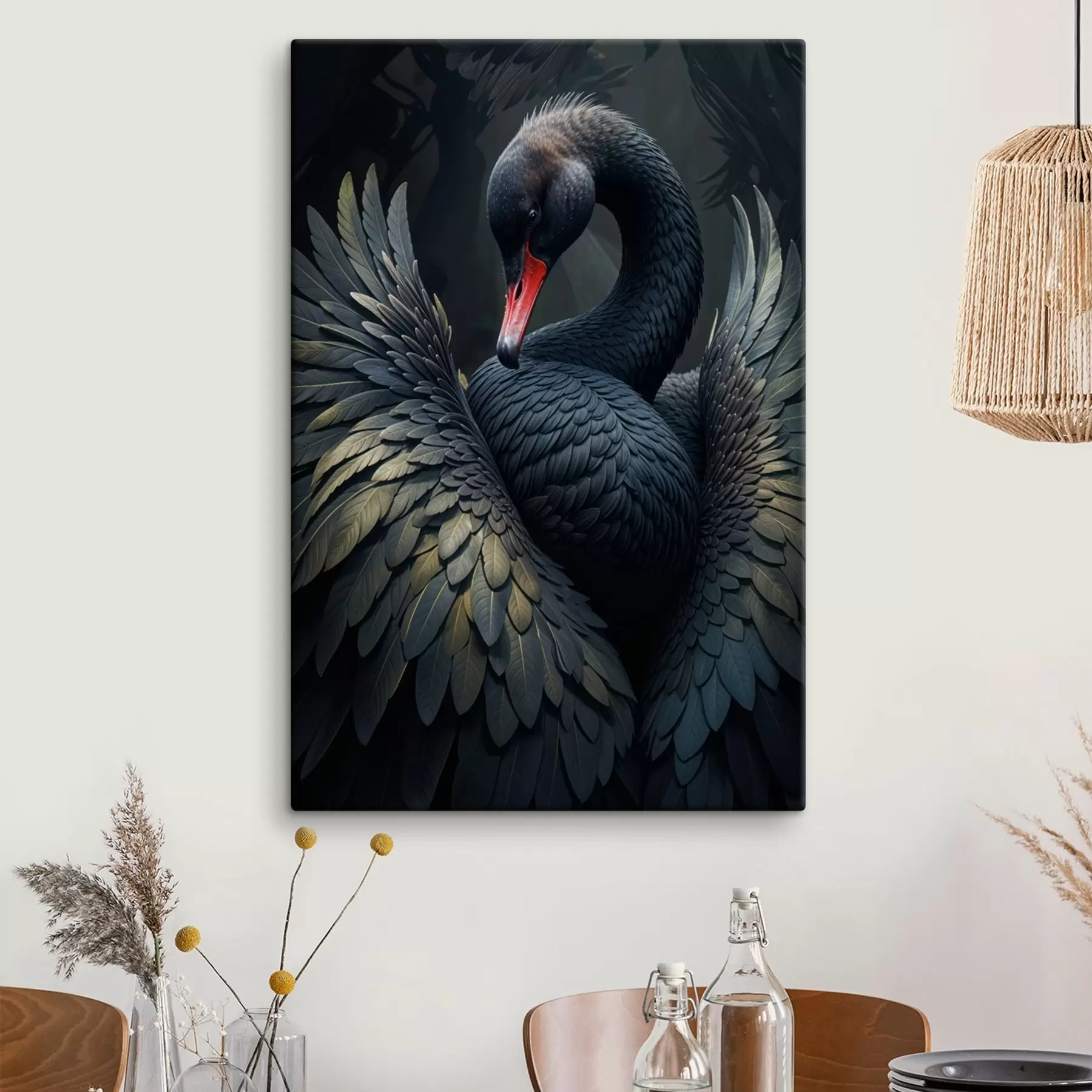 Papier peint Un cygne noir aux ailes déployées, mettant en valeur ses plumes noires et son bec rouge sur un fond sombre s41249